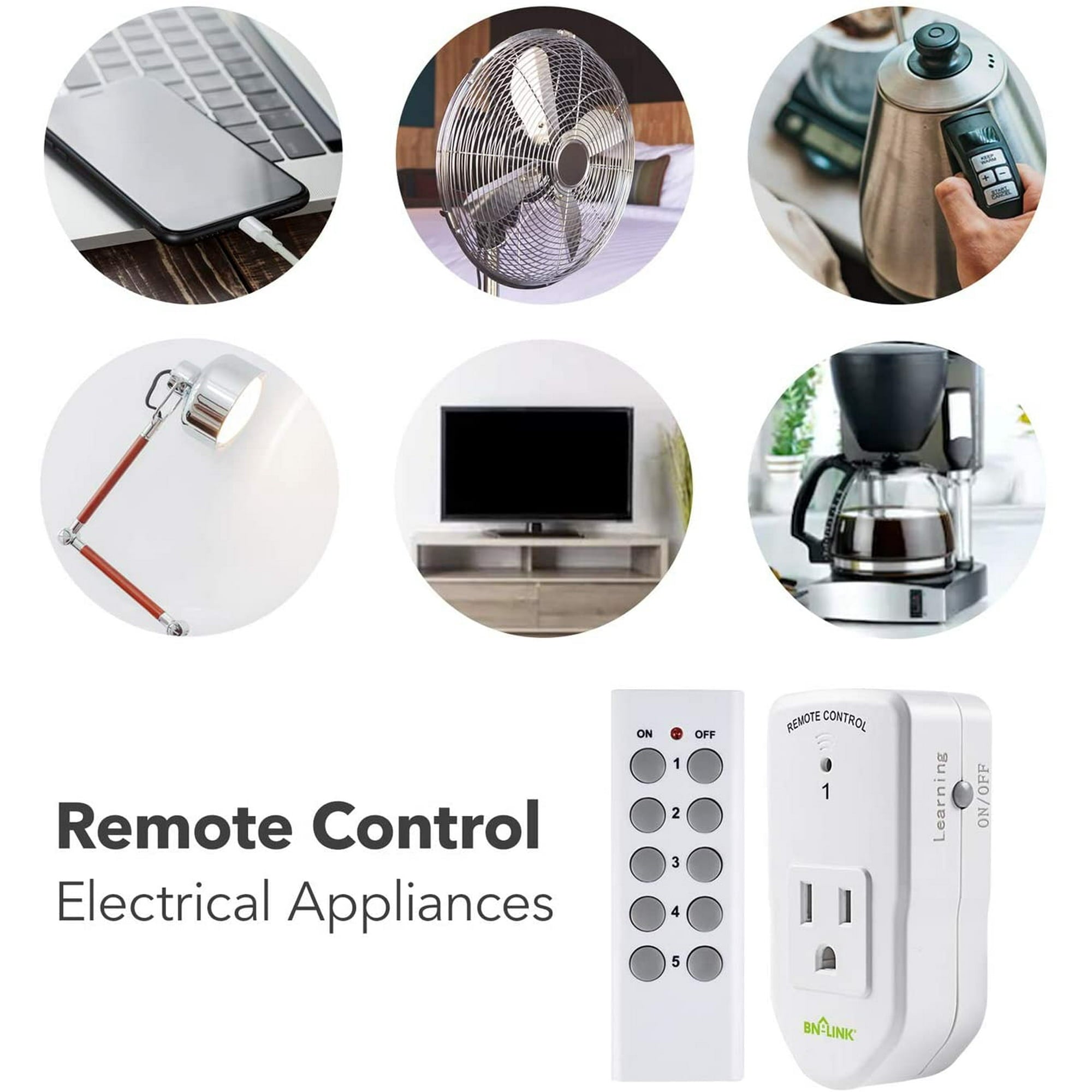 BN-LINK Wireless Remote Control Outlet with Extra Long Range, for Household Appliances, White (2 Remotes + 5 Outlets)