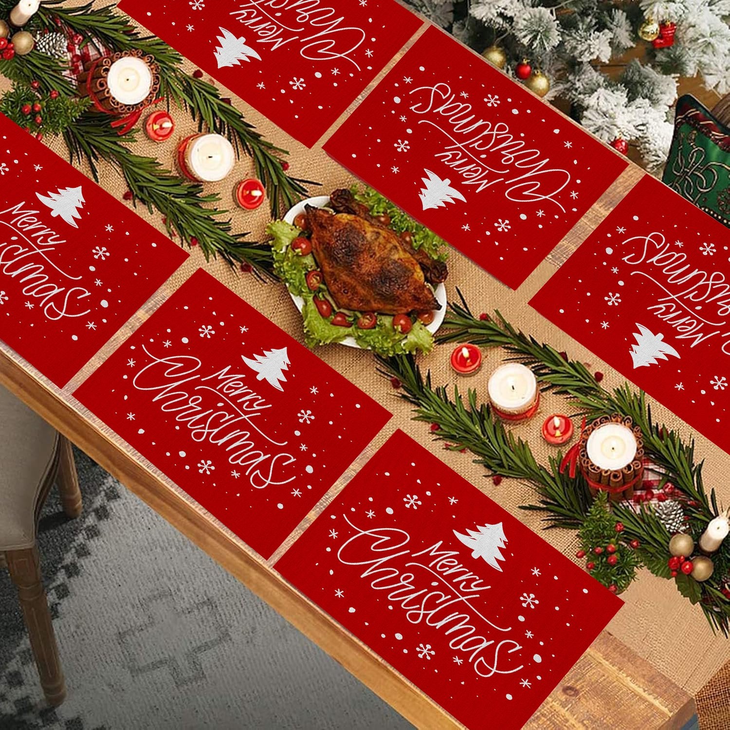 Behome Merry Christmas Placemats for Dining Table, Set of 6 12x18 Inch Winter Xmas Table Mats for Party Kitchen Dining Decoration