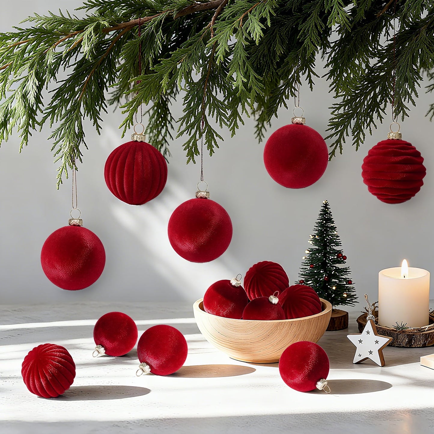 Behome 12 Packs Velvet Christmas Ball Ornaments, 2.36 Inches Flocked Hanging Xmas Balls Decorations for Xmas Tree, Holiday, Wedding, Party
