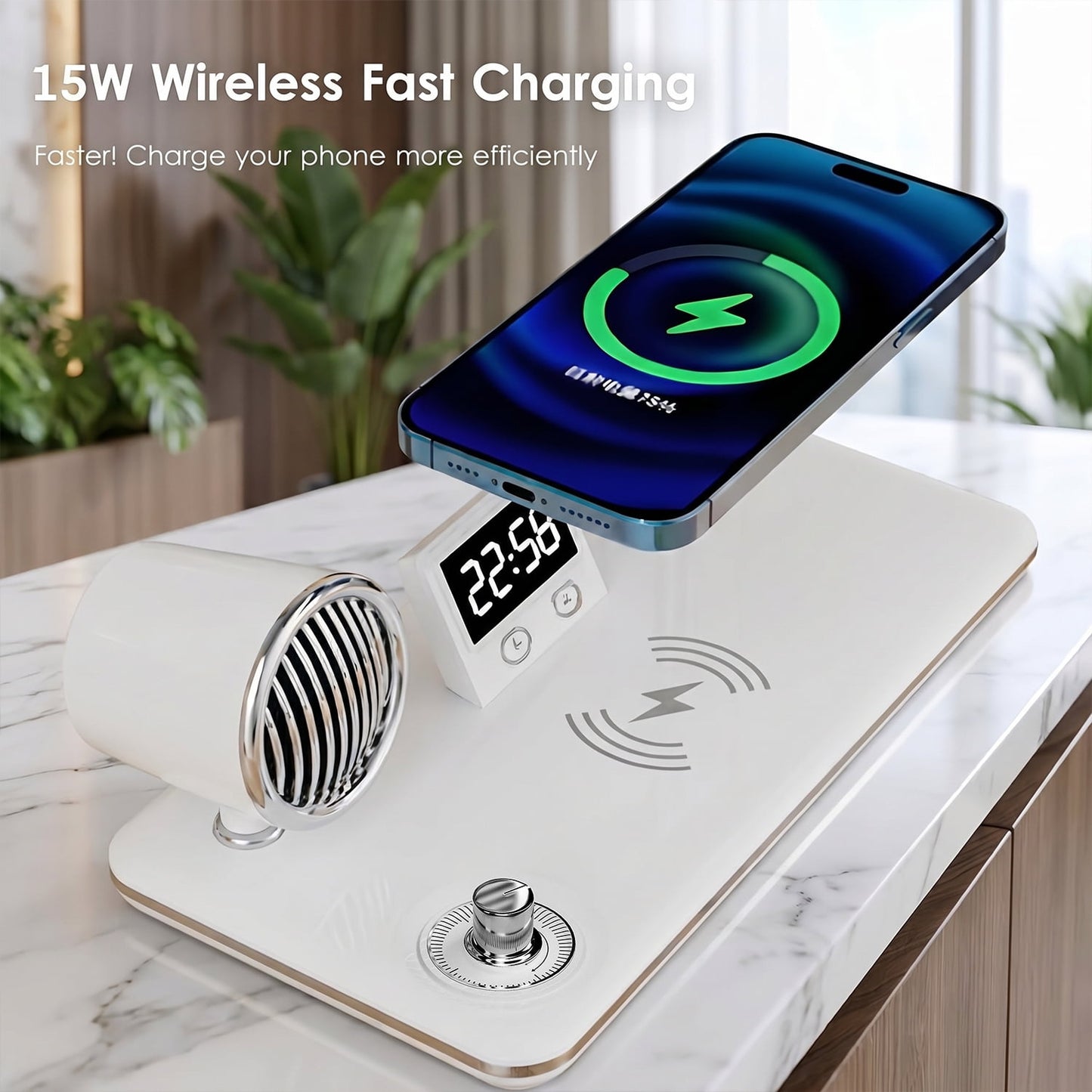 Behome 4-in-1 Desk Lamp with Wireless Charger, Digital Clock & Bluetooth Speaker, Eye-Caring 3-Color Dimmable Table Lamp, Flexible Gooseneck Desk Light for Home Office