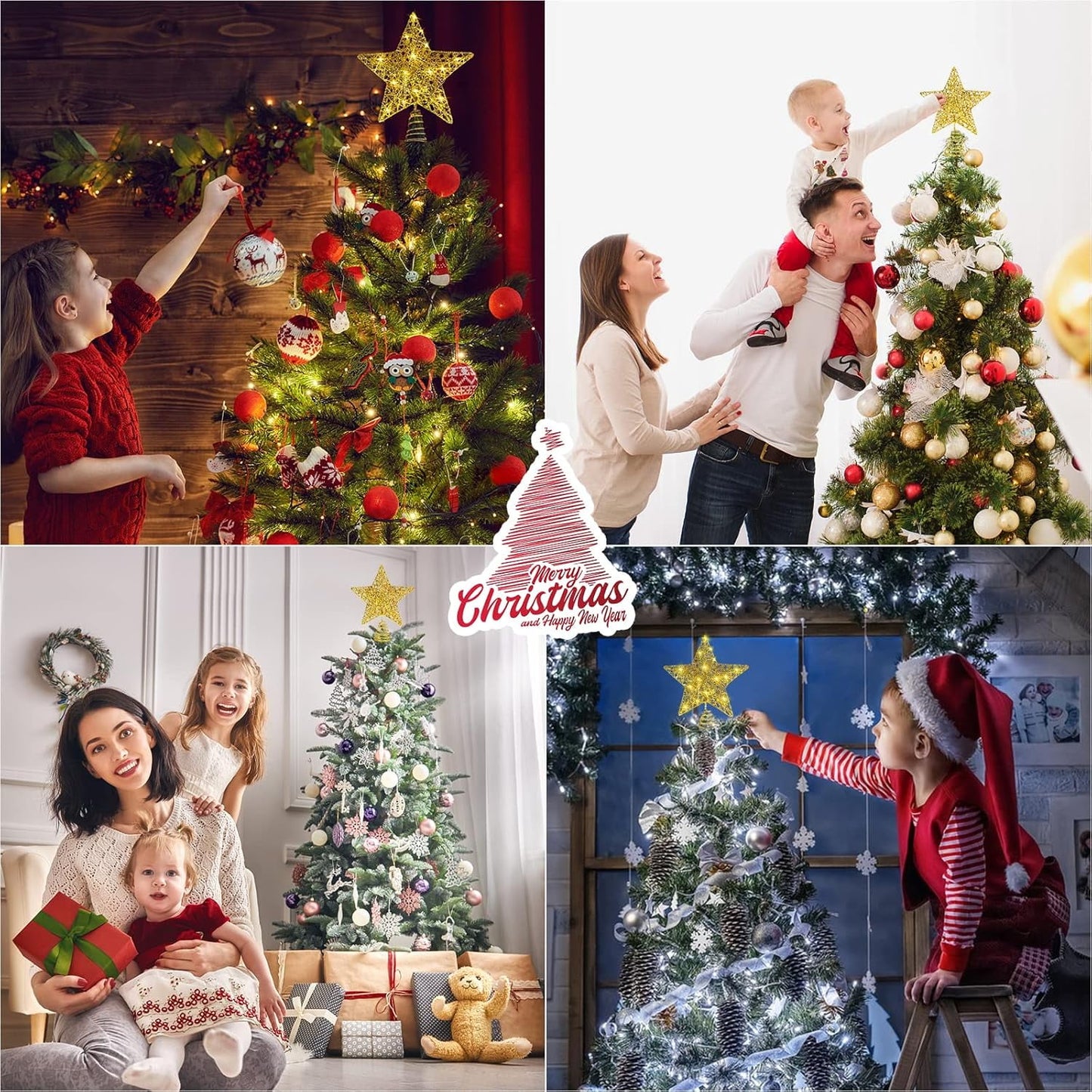 Behome Christmas Tree Topper, 12 Inches Gold Glitter Christmas Tree Ornaments, Metal Lighted with 20 LED Lights for Xmas Decorations, Holiday Party Indoor Decor