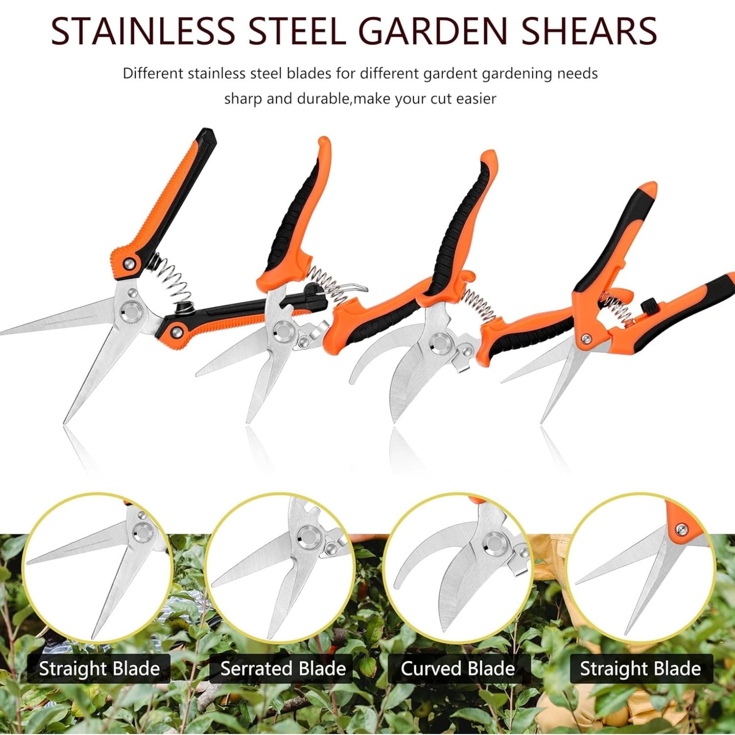 BN-LINK 4 Pack Garden Pruning Shears, Stainless Steel Handheld Scissors Set with Gardening Gloves, Heavy Duty Garden Bypass Pruning Shears,Tree Trimmers Secateurs