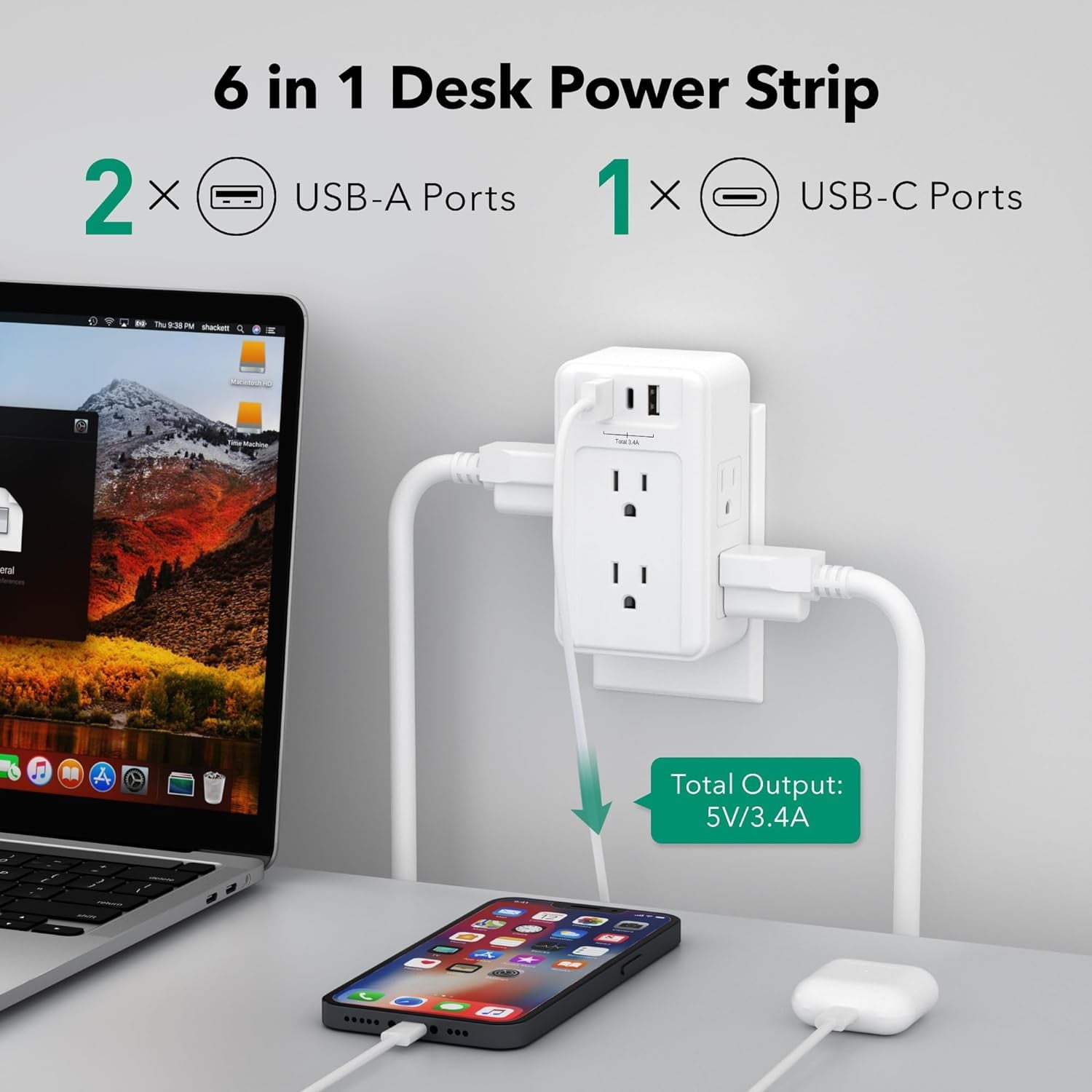 BN-LINK Multi Plug Outlet Extender, 6 Wall Outlets and 3 USB Ports (1 USB C), Multi Outlet Splitter Power Strip, USB Wall Power Strip Plug Adapter for Home, Office, Travel, 5V, 3.4A