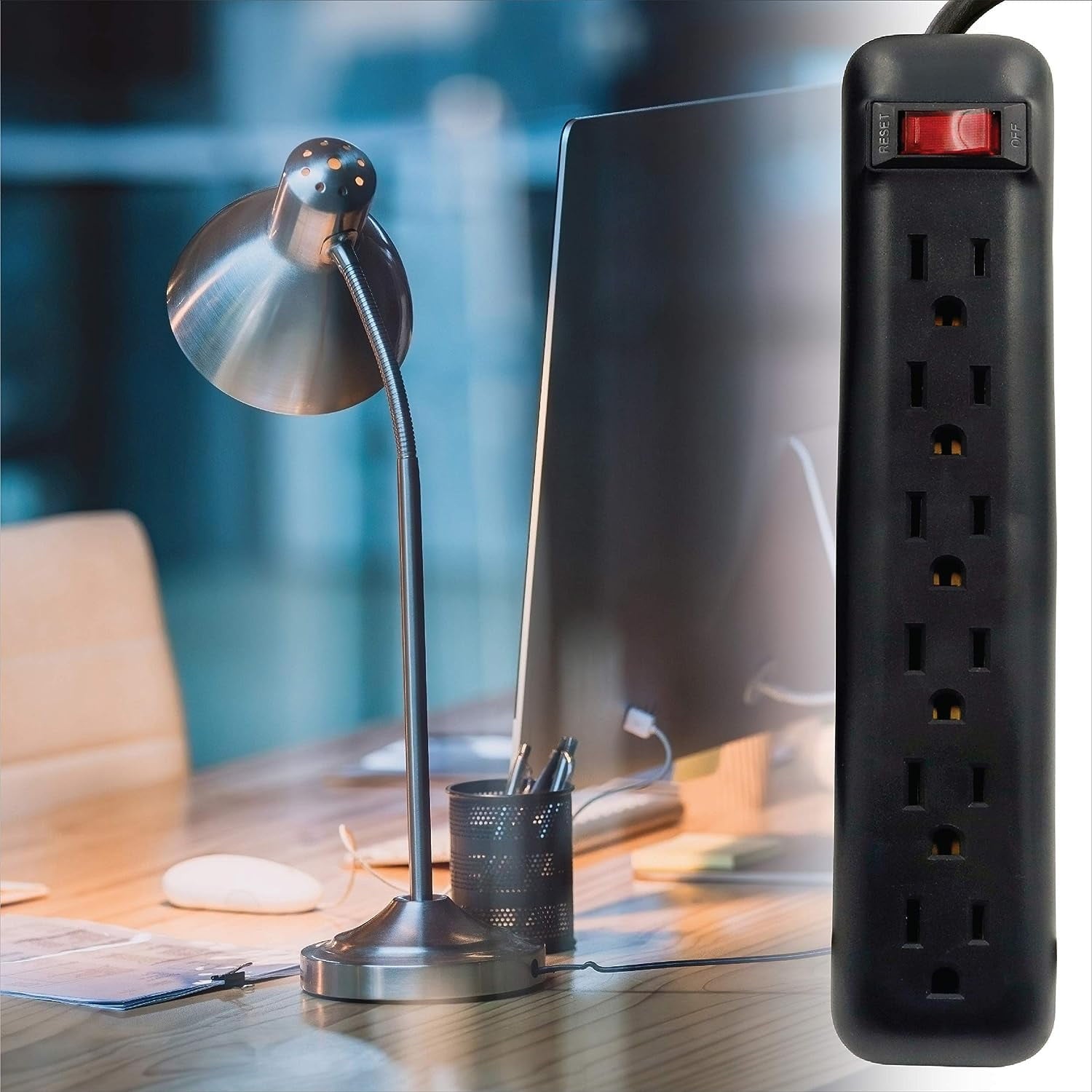 Clear Power 2-Pack 6 Outlet Power Strip, 3 ft Power Cord, Low-Profile Flat Plug, 3-Prong Grounded, Black, 15 Amp Circuit Breaker