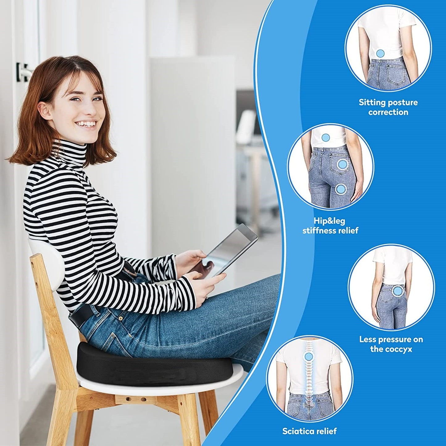 BN-LINK Seat Cushion, Office Chair Cushions Butt Pillow for Car Long Sitting, Memory Foam Chair Pad for Back, Tailbone Pain Relief (Black)