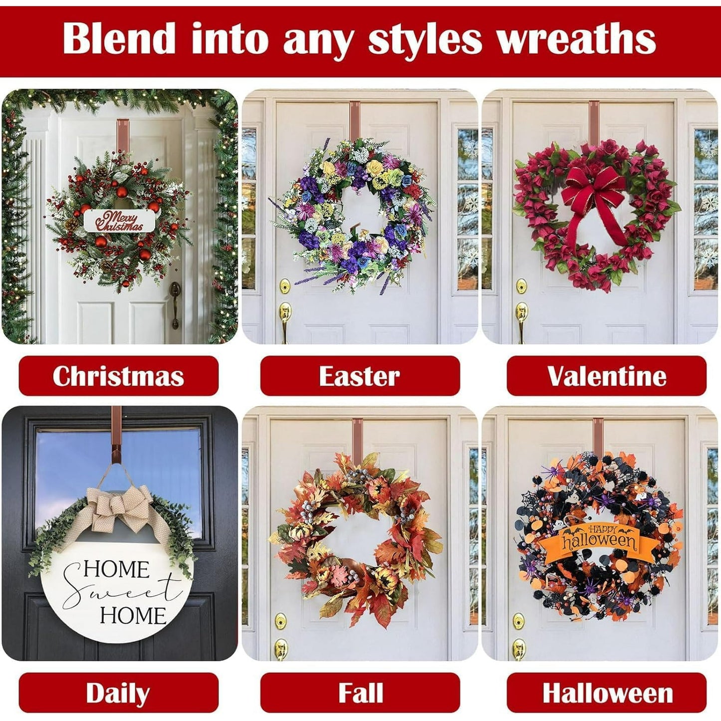 Behome 2 Pack Wreath Hanger, Adjustable Metal Wreath Hook Holder for Front Door Decor from 15.5"-26", Inside-Outside Over The Door Hooks Organizer Home Decor
