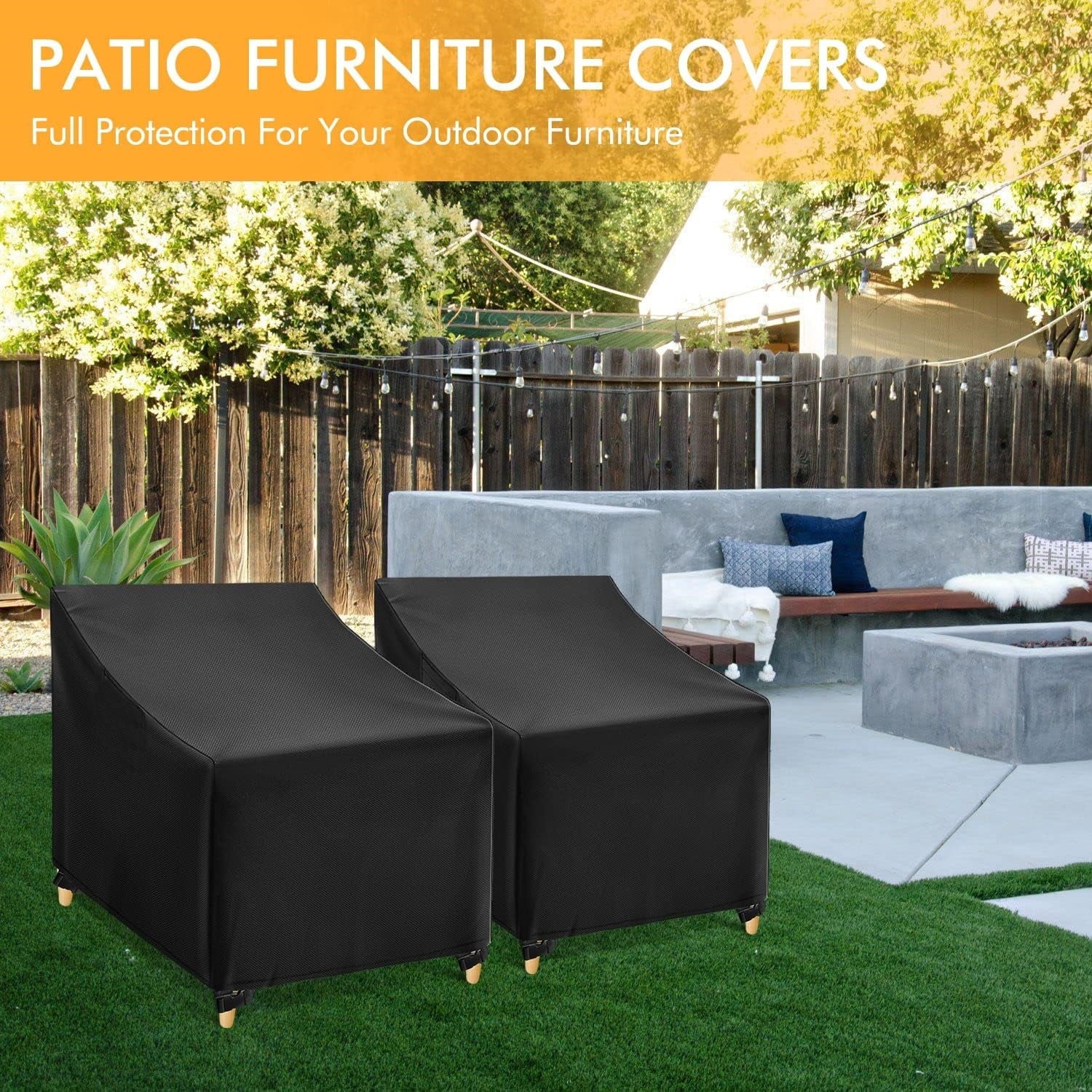 Outdoor Chair Covers, 210D Patio Furniture Covers Waterproof, Lawn Furnitures Covers Fits up to 33W x 33D x 36H Inches, Black, 2 Pack