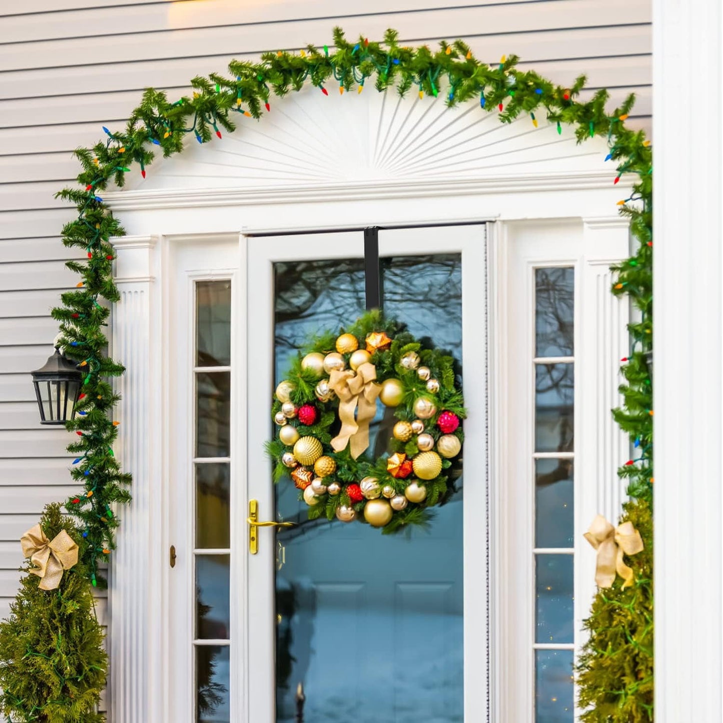 Behome 2 Pack Wreath Hanger, Adjustable Metal Wreath Hook Holder for Front Door Decor from 15.5"-26", Inside-Outside Over The Door Hooks Organizer Home Decor