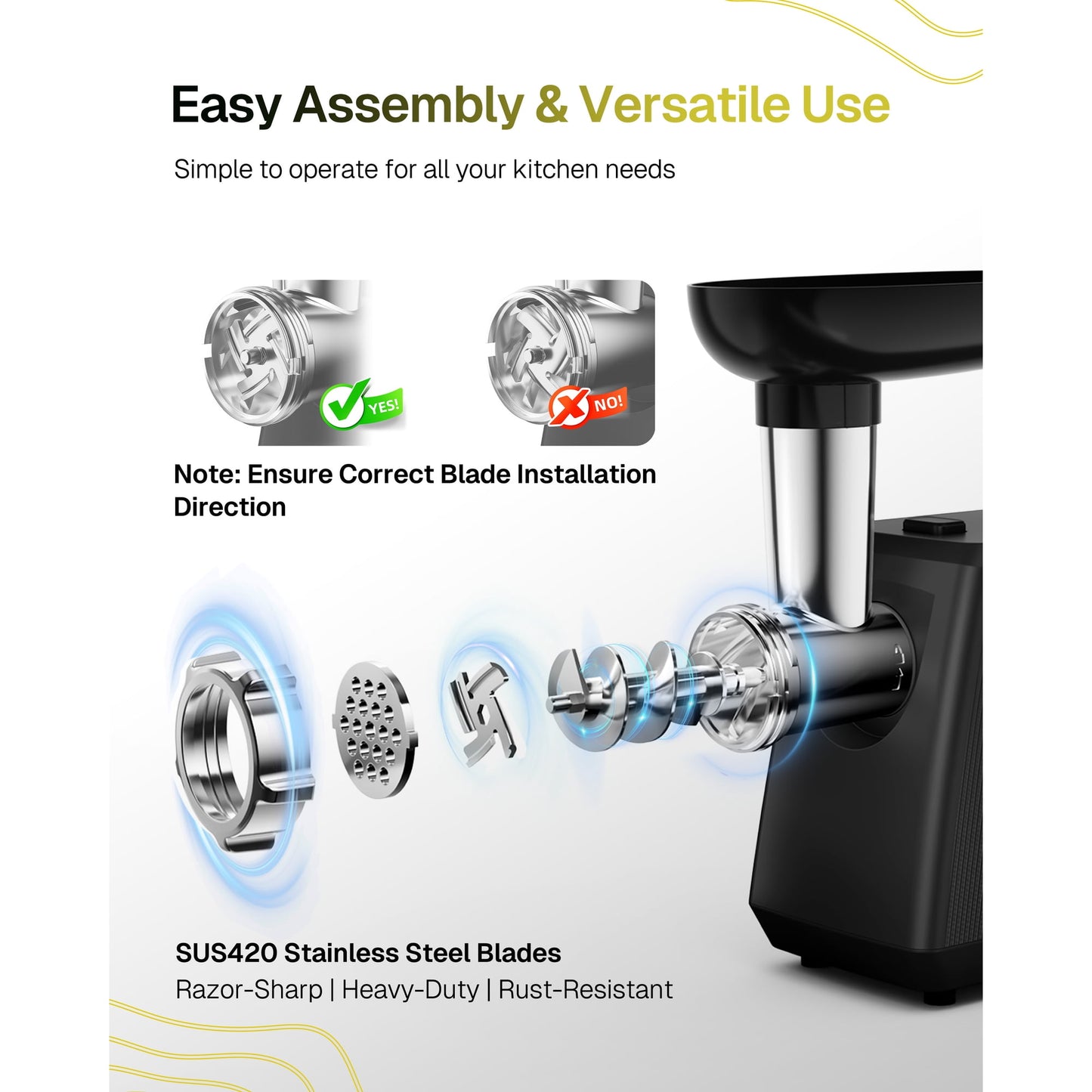 Behome Electric Meat Grinder, 2800W Max Heavy Duty Stainless Steel Meat Mincer, with 1 Blade, 3 Grinding Plates, Sausage Stuffer Tube & Kubbe Kit for Home Kitchen, Burgers & Meatballs