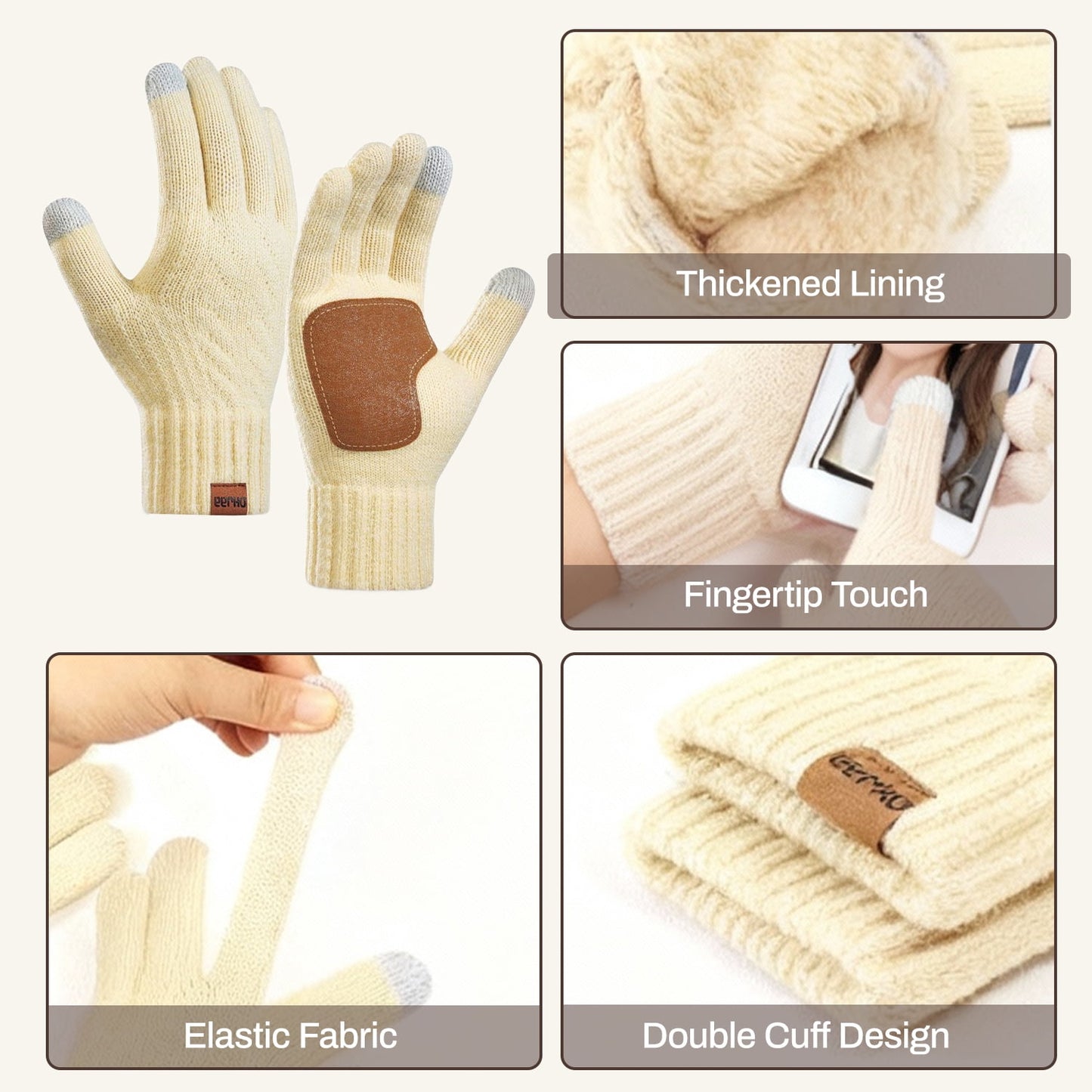 Behome Winter Gloves and Scarf Set, Knit Warm Long Neck Scarves Cap Gloves 3 in 1 Set for Woman, Apricot