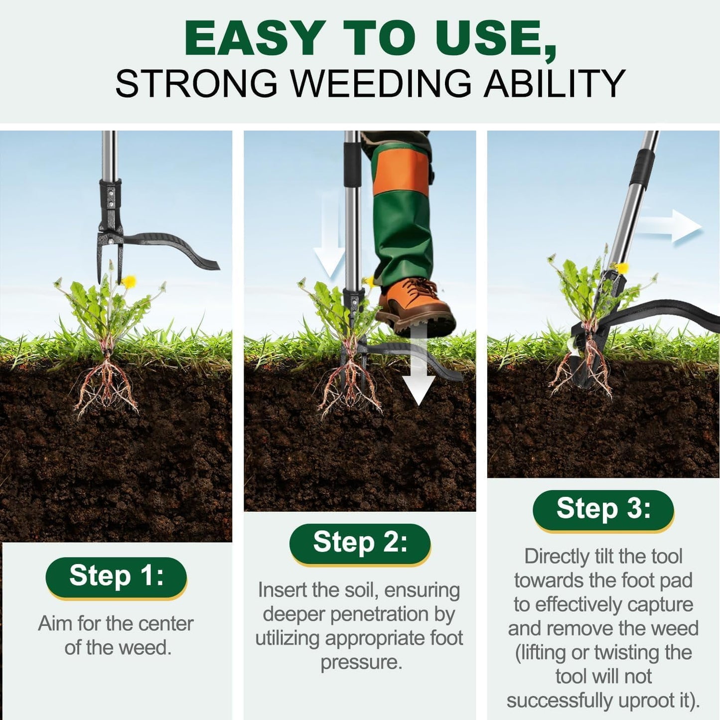 BN-LINK Weed Puller Tool, 48" Stand Up Weeder Garden Tools & 4 Claw Steel Head, Rustproof Stainless Steel, Easily Remove Weeds Without Bending, Pulling, or Kneeling