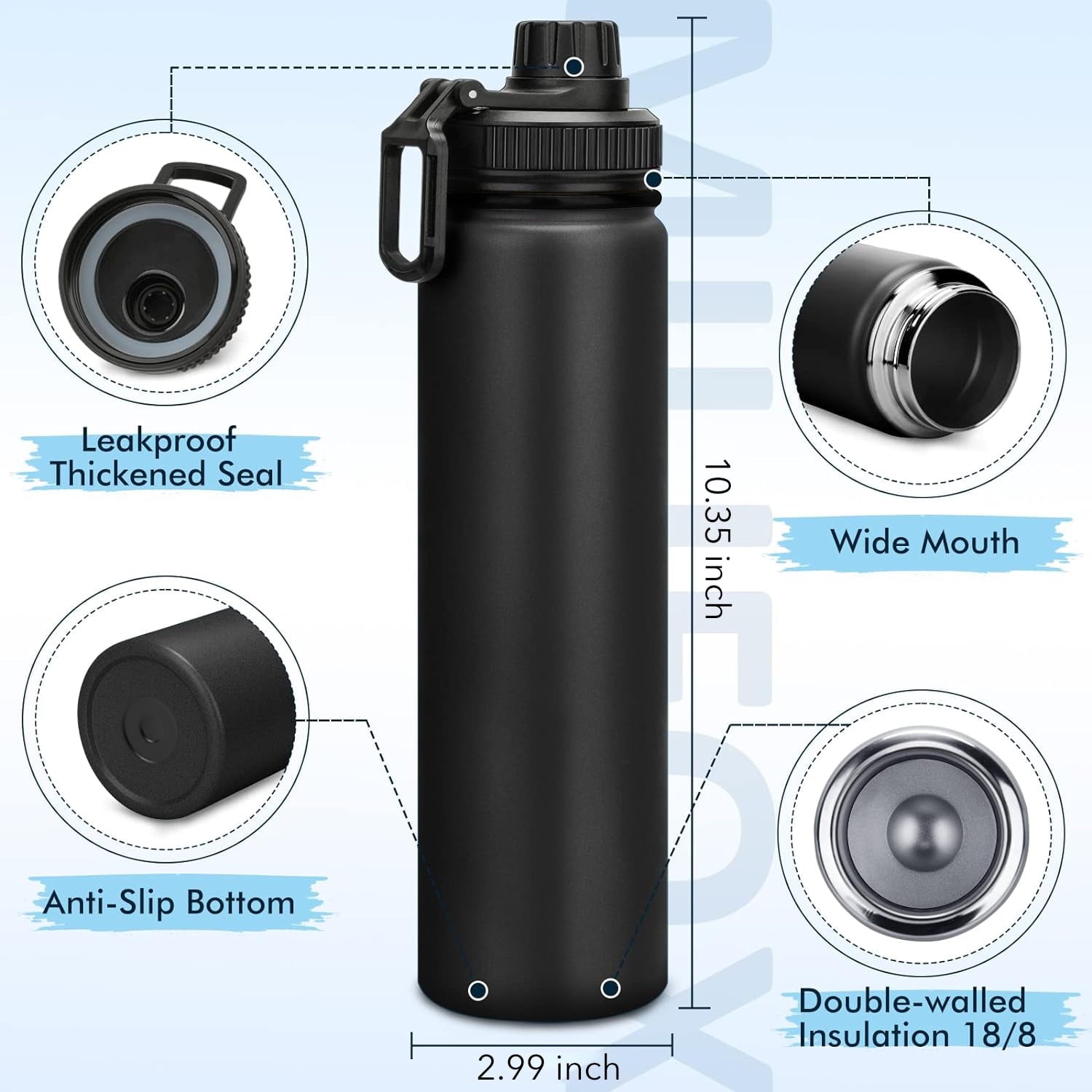 BN-LINK 25oz Insulated Sports Water Bottle, Double Wall Vacuum & Stainless Steel, Leak Proof & BPA-Free, Keeps Cold and Hot, Great for Travel, Hiking, Biking, Running (Black)