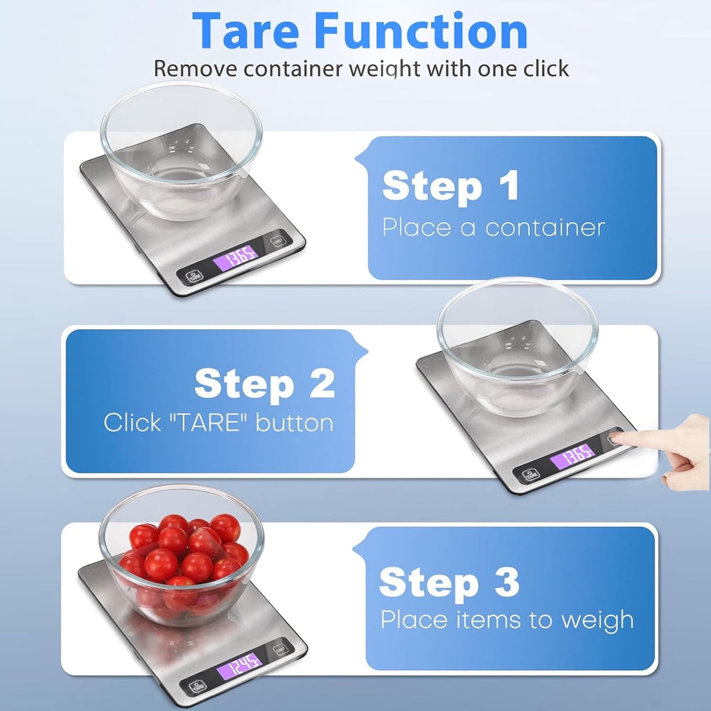 Behome Food Scale, Digital Kitchen Scales 10kg/22lb with Large LCD Display, Food Weighing Scales for Baking, Weight Loss, Calorie Counting, 5 Units Conversion, Silver