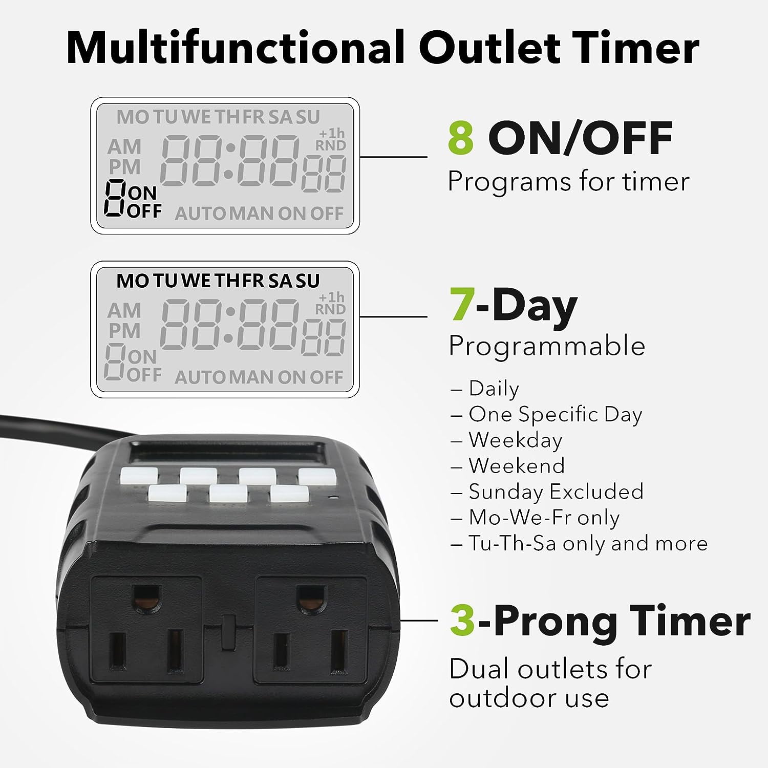 BN-LINK 7 Day Outdoor Heavy Duty Digital Programmable Timer BND/U78, 125VAC, 60Hz, Dual Outlet, Weatherproof, Heavy Duty, Accurate for Lamps Ponds Christmas Lights 1875W 1/2HP ETL Listed