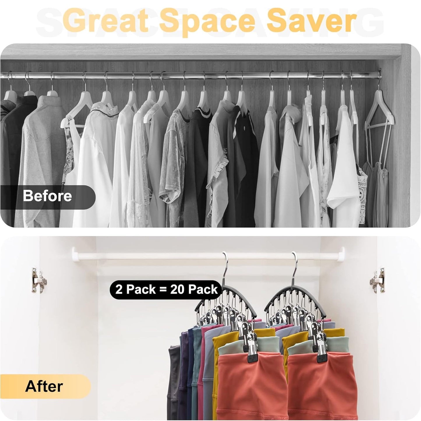Behome 2 Pack Pants Hangers, Legging Organizer for Closet with 10 Clips, Space Saving Hanging Closet Organizer for Shorts, Jeans, Skirts, Pants