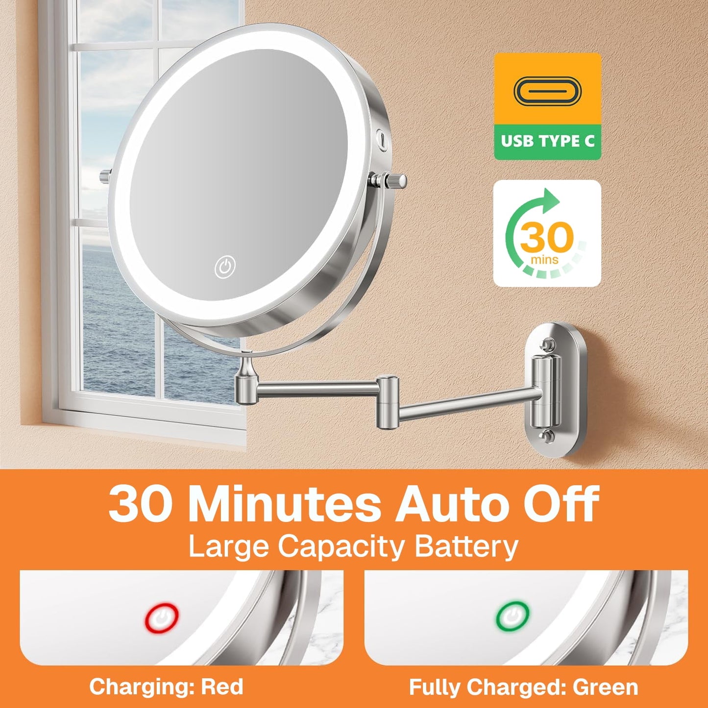 Behome Wall Mounted Lighted Makeup Mirror, 8" Rechargeable Double Sided 1X/10X Magnifying Mirror, 360°Rotation & 3 Color Lights Touch Screen Dimmable Vanity Mirror