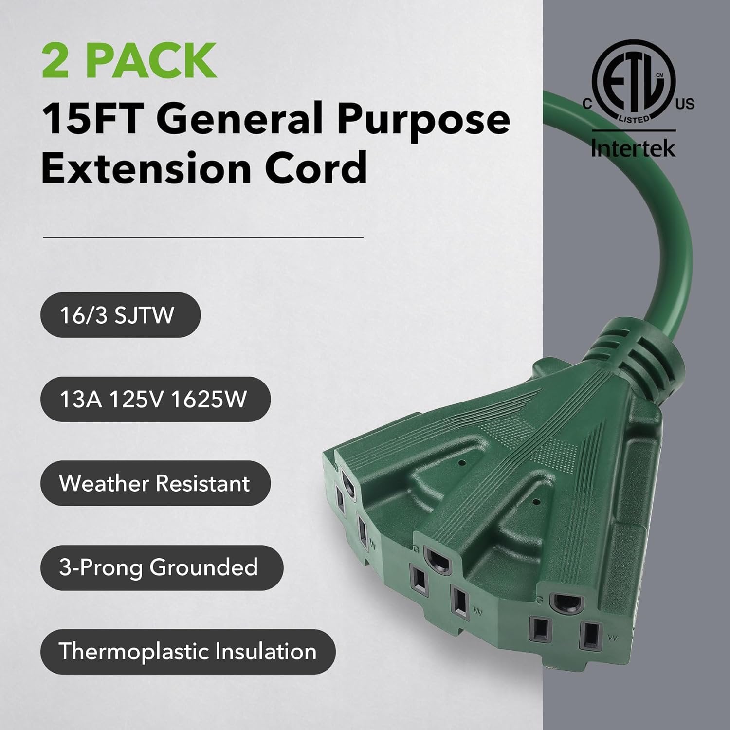 BN-LINK 2 Pack 15 ft 3 Outlet Lawn & Garden Outdoor Extension Cord 16/3 SJTW, Green, 3 Prong Grounded Plug