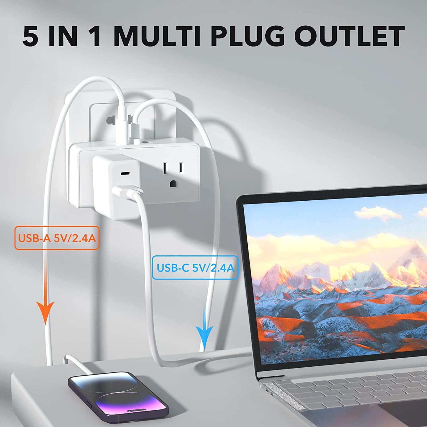 BN-LINK Multi Plug Outlet Extender with 2 USB A 1 USB C(5V,2.4A), Plug Splitter, Multi 3 Prong Outlets Wall Plug Adapter for Dorm, School, Travel, Office, Home Essentials, 15A 1875W, ETL & FCC Listed