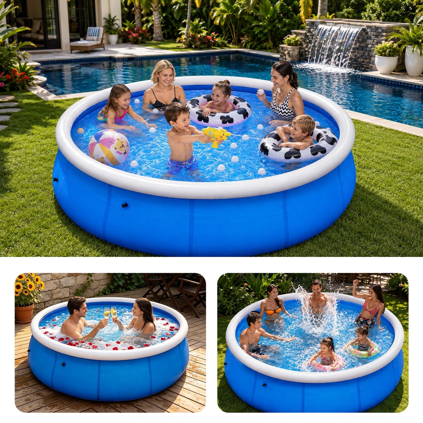 BN-LINK 10’ x 30” Above Ground Swimming Pool, Easy Set Up Inflatable Pool, Outdoor Above Ground Round Air Top Ring Pools for Kids and Family, Blue