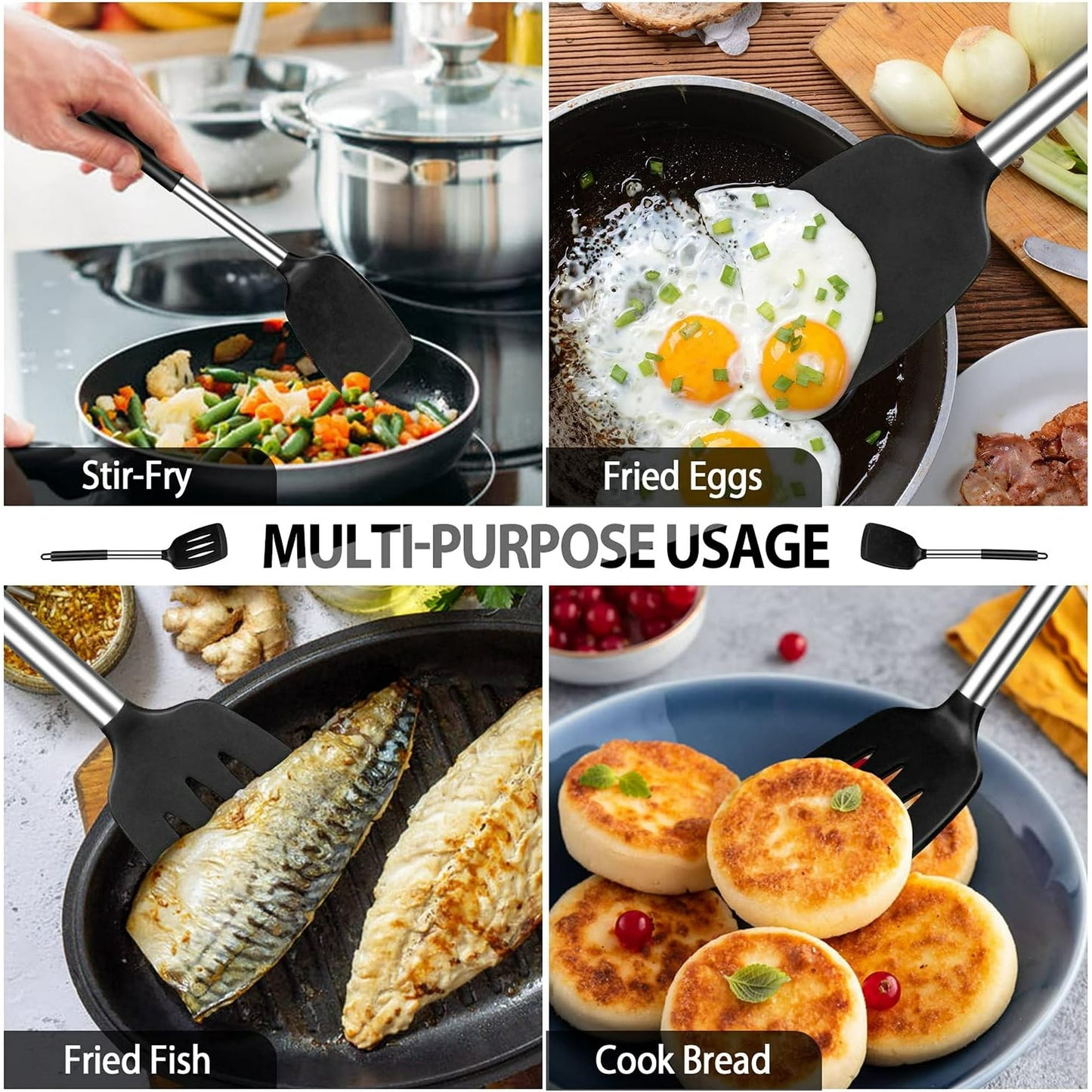 Behome 2 Pack Spatulas, Non Stick Turners with Silicone Handle, High Heat Resistant BPA Free Cooking Utensils, for Fish, Eggs, Pancakes(Black)