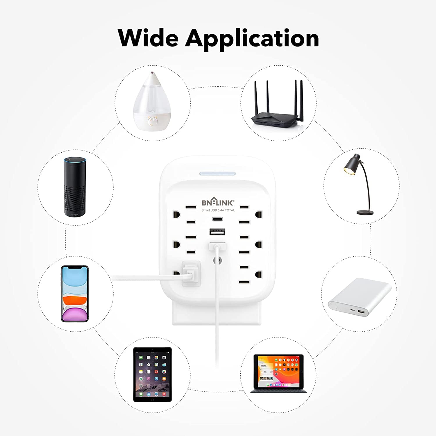 BN-LINK 1800J Outlet Extender,Multi Plug Outlet with 3 USB Wall Charger(2.4A per Port),6 Outlet Extender Surge Protector Multi Outlet Wall Plug for Home,School,Travel,Office