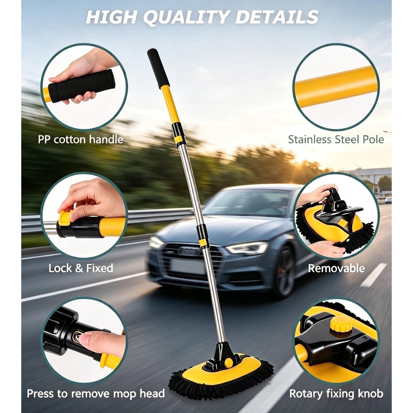 Behome Car Wash Brush, 40" Car Wash Brush with Long Handle, Retractable Bent Pole Car Wash Brush for Cars RV Truck Boat, Yellow
