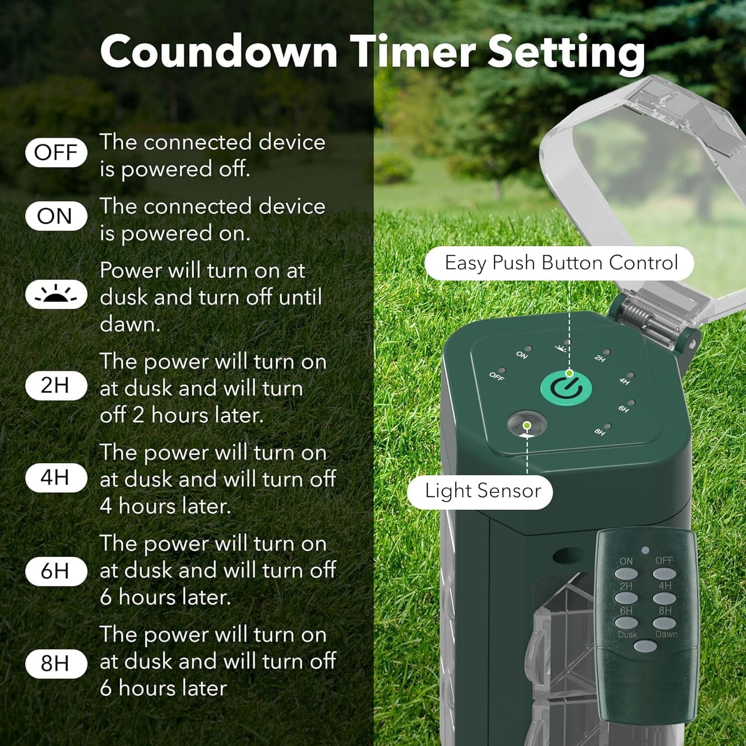 HBN Outdoor Power Strip Timer with Photocell(w Remote Control), Yard Stake Countdown Timer(2, 4, 6, 8 Hour),Weatherproof Outside Lights Timer Dusk to Dawn for Christmas Lights,6 Outlets,6ft Cord