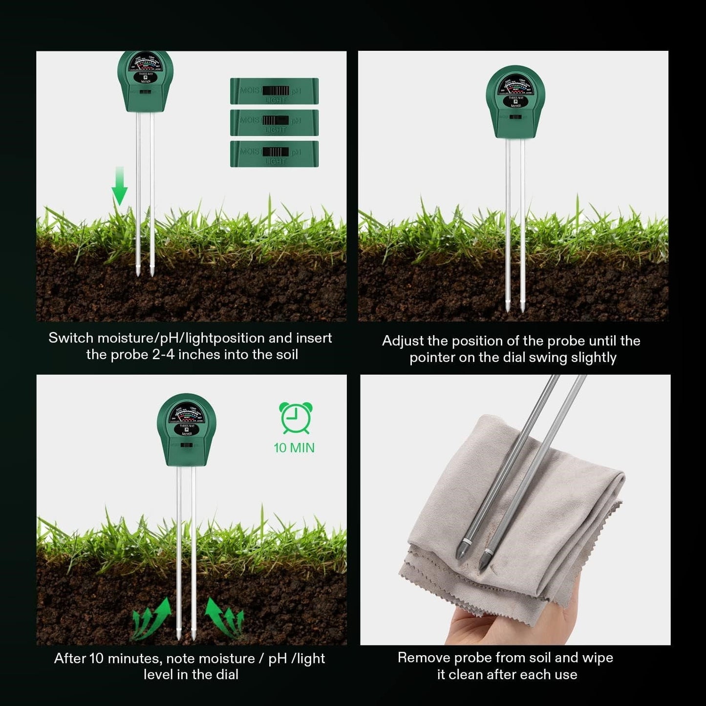 BN-LINK Soil Meter, 3-in-1 Plant Moisture Light PH Tester for Gardening, Farming Indoor & Outdoor Use, No Batteries Needed, 2 Pack, Green