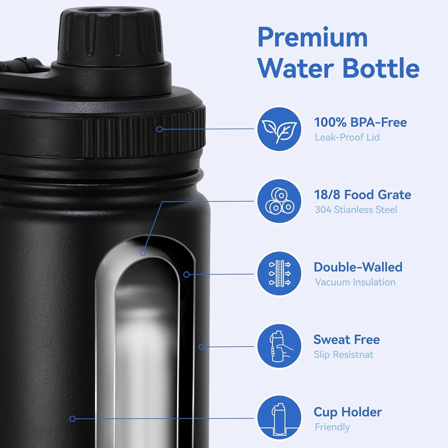 BN-LINK 25oz Insulated Sports Water Bottle, Double Wall Vacuum & Stainless Steel, Leak Proof & BPA-Free, Keeps Cold and Hot, Great for Travel, Hiking, Biking, Running (Black)