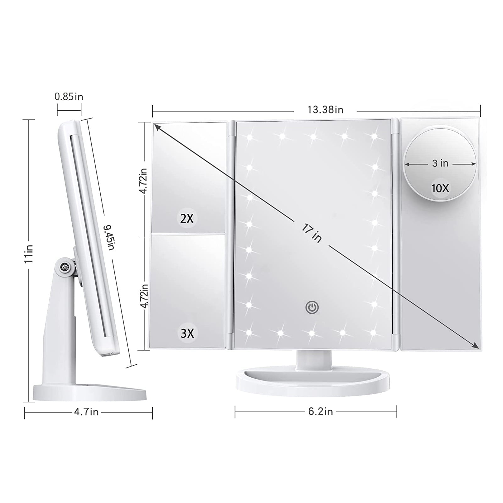 BN-LINK Makeup Mirror with Lights, 1X 2X 3X Magnification with 10x Magnifying Mirror, Lighted Makeup Mirror, Touch Control, Trifold Makeup Mirror, Portable LED Makeup Mirror, White