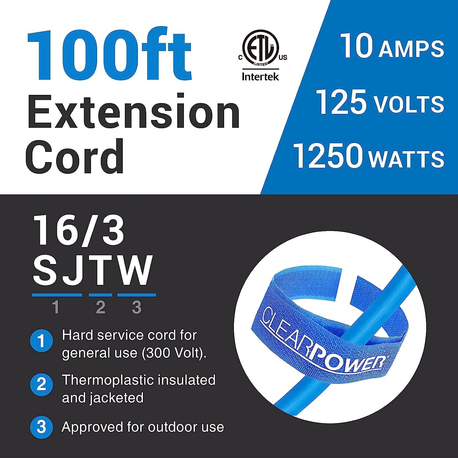 Clear Power 100 ft Extreme Cold Weather Outdoor Extension Cord, Lighted End, 16/3 SJTW, Works Down to -50°C, Power Indicator Light, 3-Prong Grounded Plug, Blue