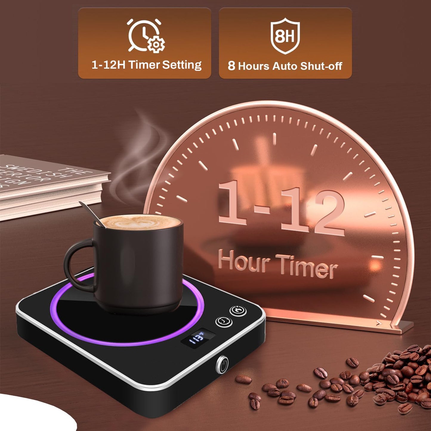 BN-LINK Coffee Mug Warmer with Light, Electric Cup Warmer for Desk with 3 Temperature Settings, Auto Shut Off, Beverage Warmer for Heating Coffee, Milk, Tea and Hot Chocolate(Black)