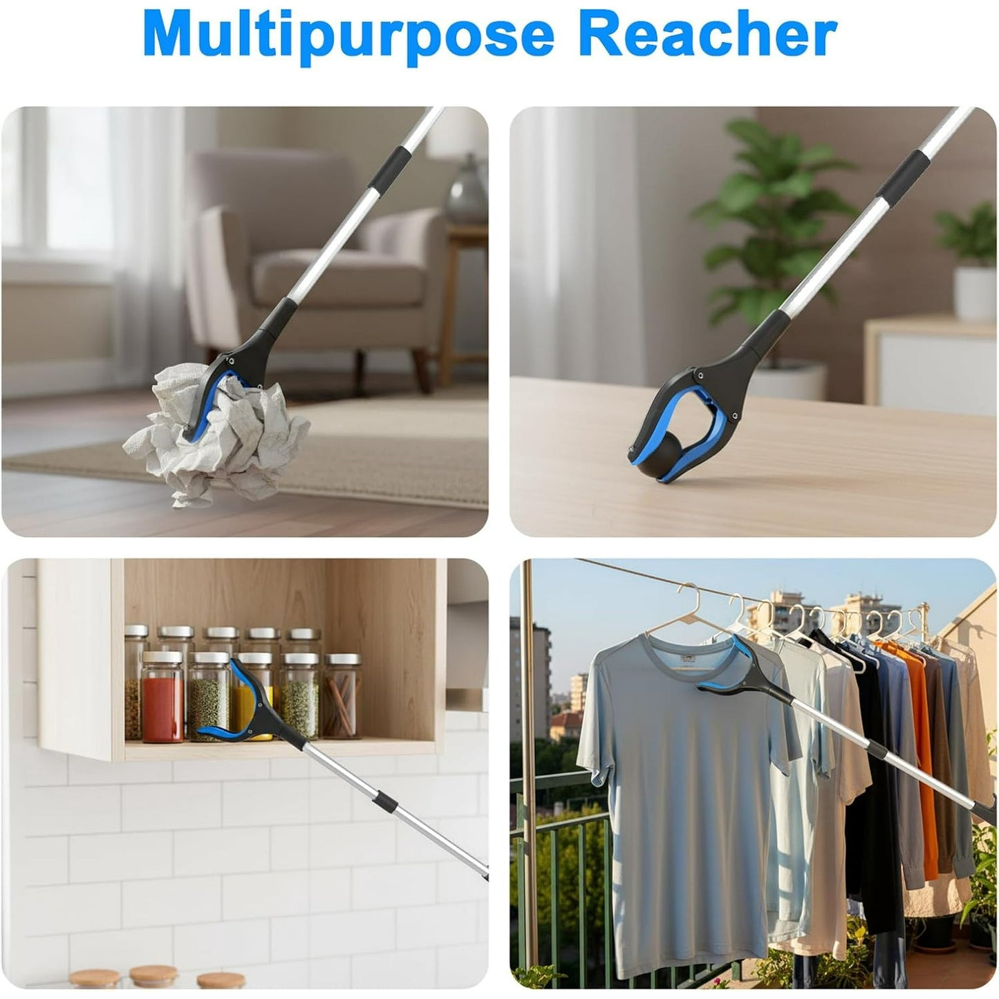 Behome 33” Grabber Reacher Tool, Foldable Reacher Grabber Pickup Tool with 360°Rotating Jaw & Magnets, Grabbers for Seniors for Outdoor & Indoor (2 Pack, Blue)