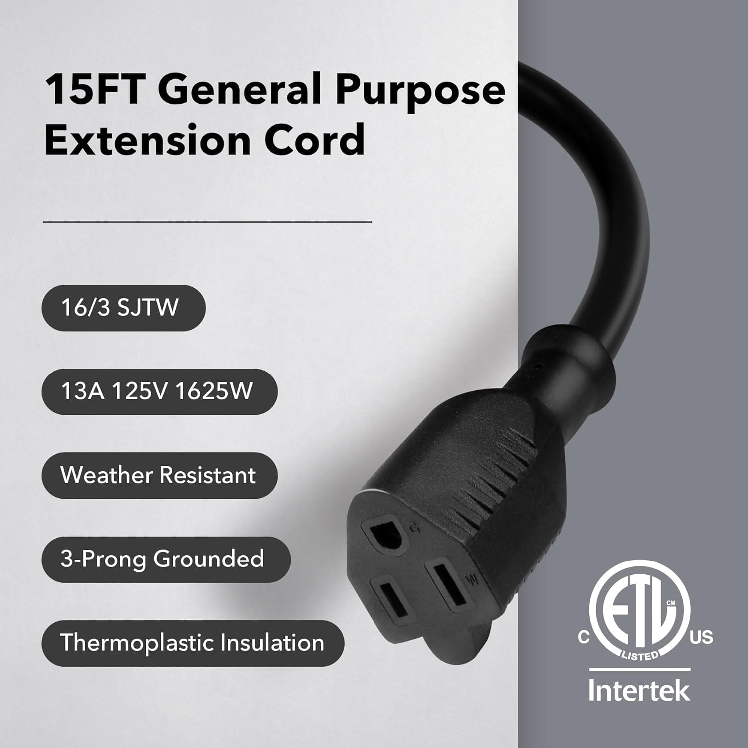 BN-LINK 15ft Indoor/Outdoor Extension Cord 16/3 SJTW, Black, Water & Weather Resistant, 3-Prong Grounded Plug for Landscaping & Holiday Decorations, Home & Office, 13A, ETL