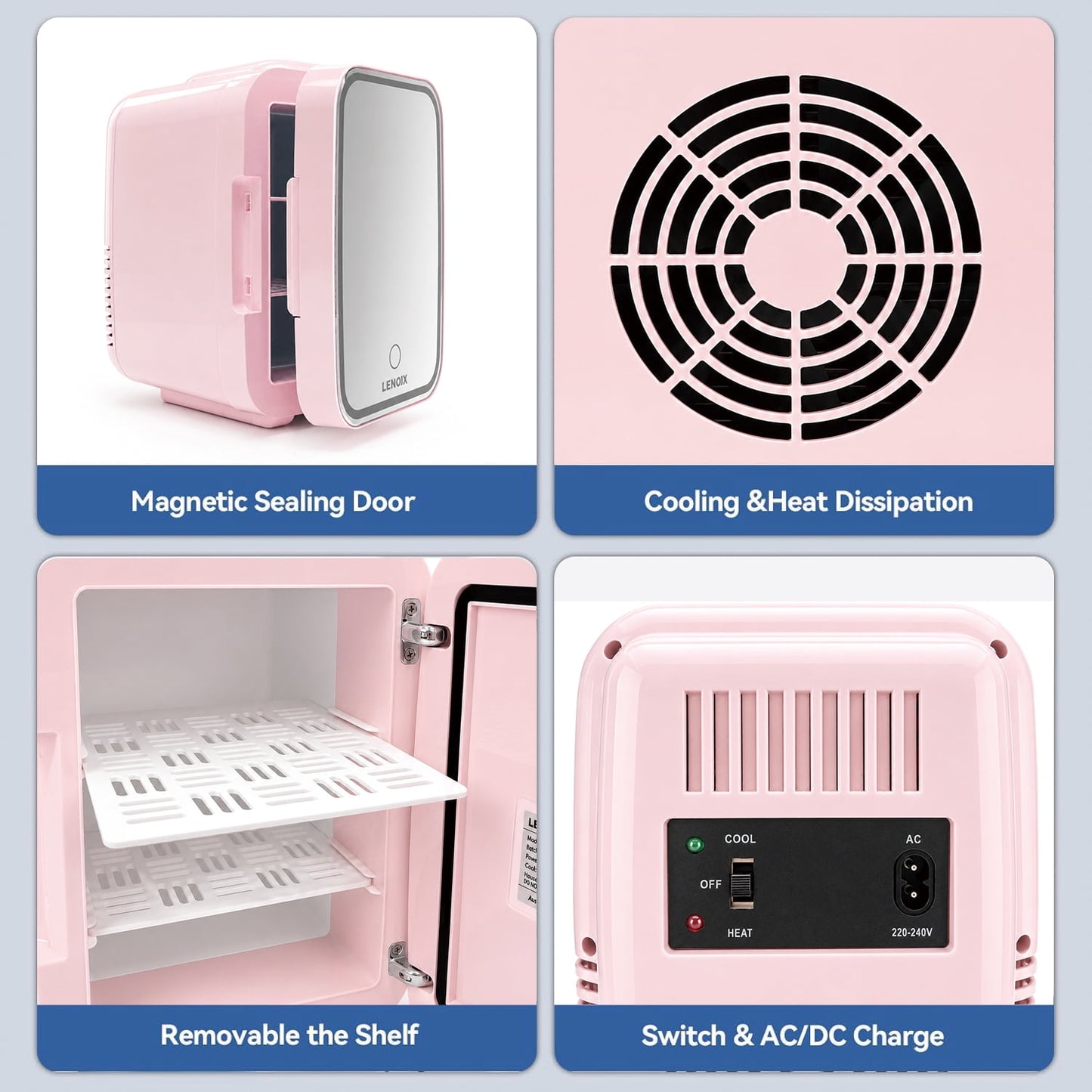 Behome 4L Mini Fridge with Mirror & 3 Brightness Levels, Quiet Small Fridge Cooler & Warmer, Mini Refrigerator for Bedroom, Office, Car, for Food, Drinks, Skincare & Makeup
