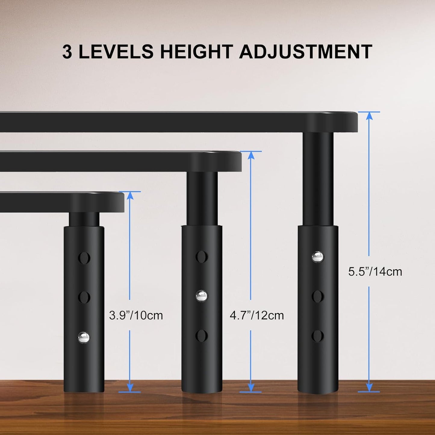 Behome Monitor Stand, Desk Monitor Riser 3 Height Adjustable, Laptop Riser with Airflow Vents, Desktop Stand for Computer, Printer, Monitor, Laptop, Black Steel, 14.57 in
