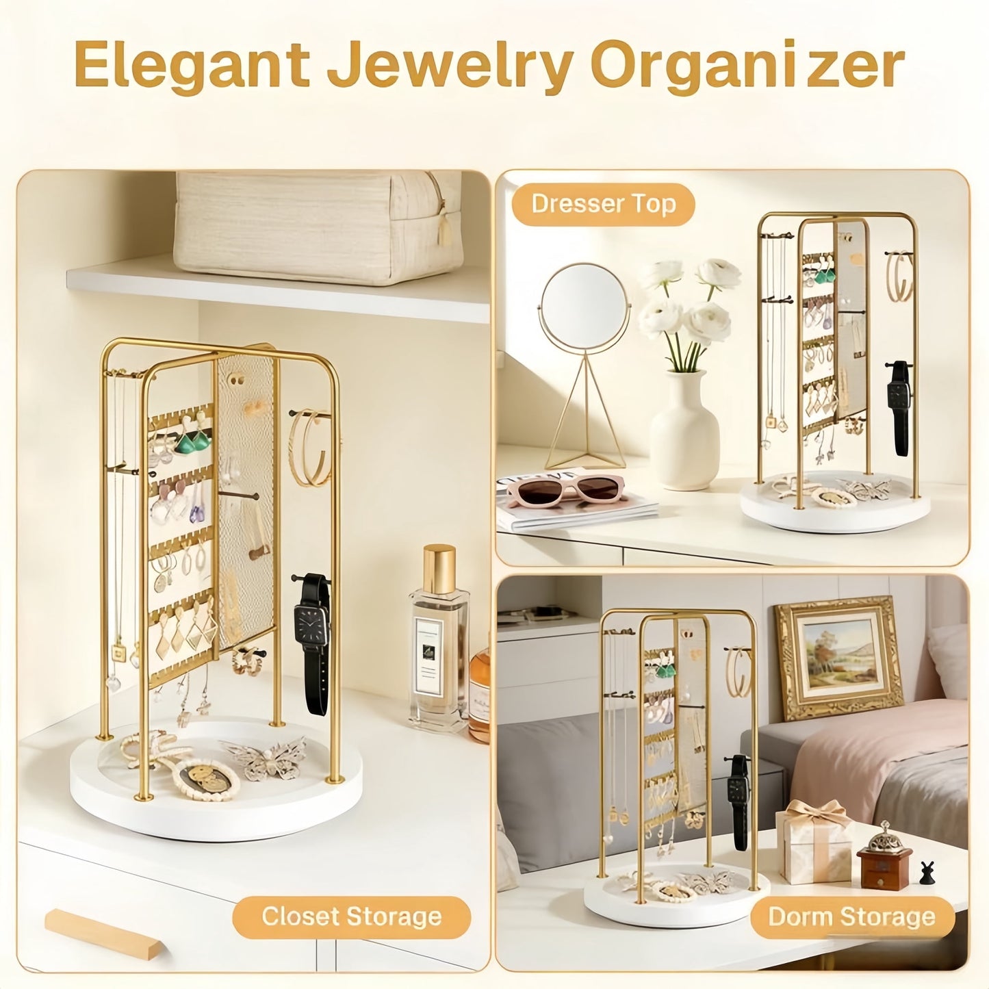 Behome Jewelry Stand, 5 Tier Large Necklace Holder with Wood Base, Jewelry Holder Organizer for Bracelet, Necklace, Earrings, Rings, Gold