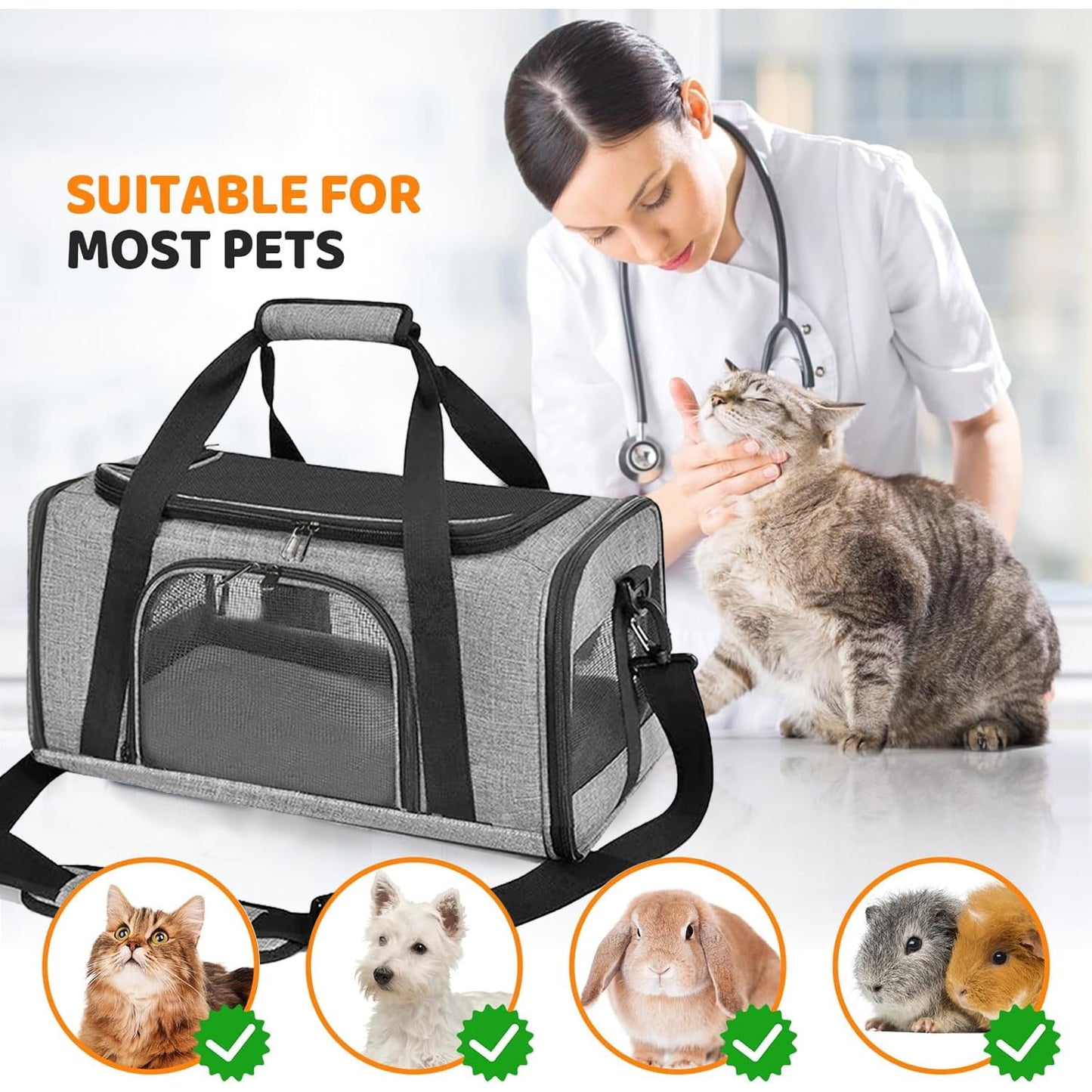 Behome Cat Carrier, Airline Approved, Collapsible Travel Pet Carrier for Small Cats & Dogs, Travel Bag with Adequate Ventilation & Removable Fleece Pad, Grey