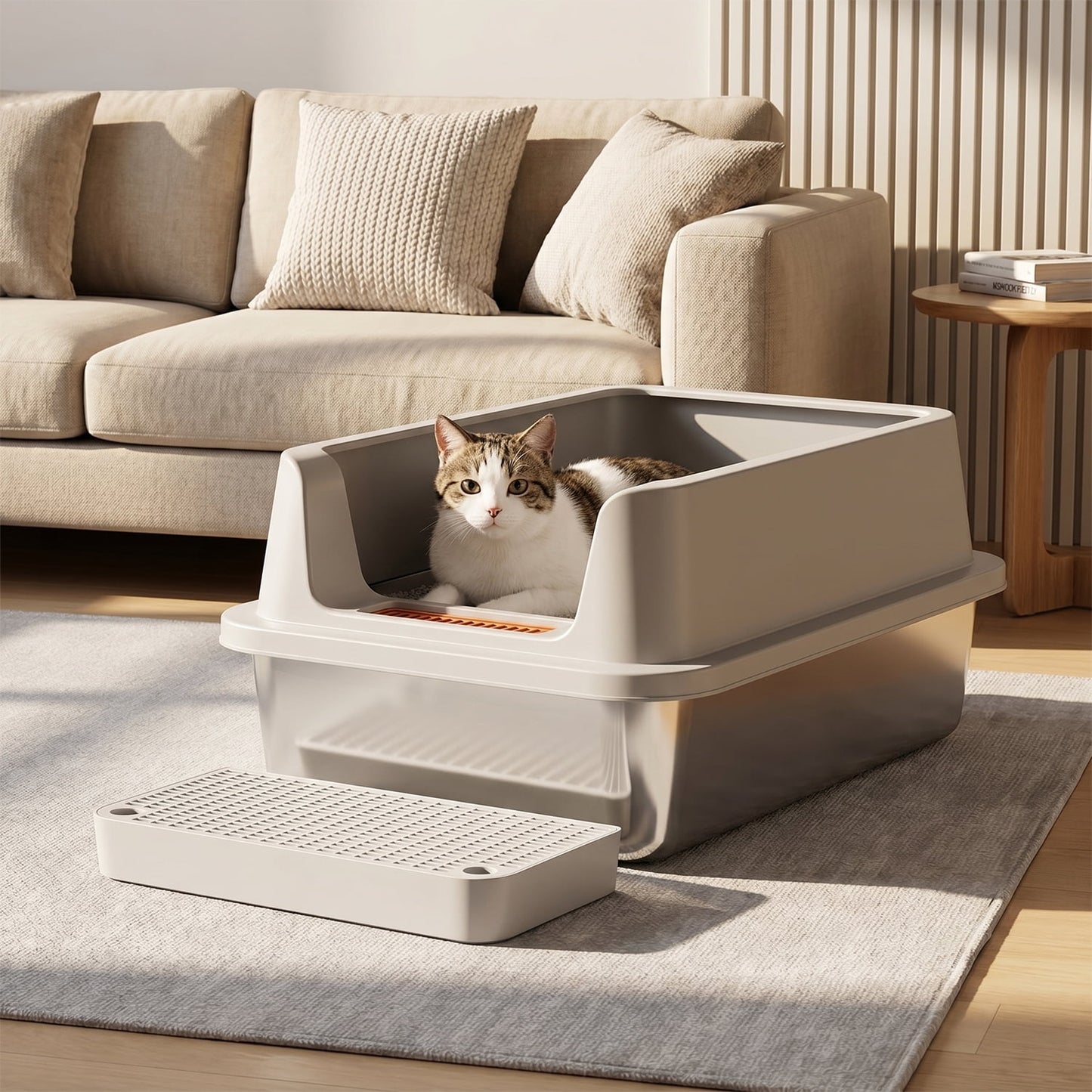 Behome XXL Stainless Steel Cat Litter Box, Extra Large Litter Box for Large Cats, Anti-Urine Leakage, Easy Cleaning, Include Scoop & Pedal