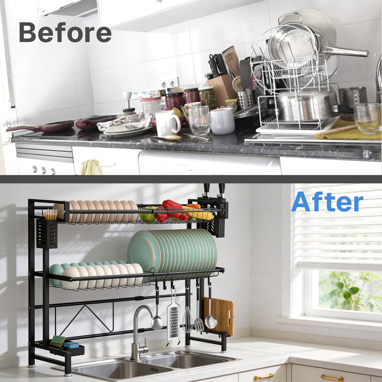 Behome Over The Sink Dish Drying Rack, 2 Tier Adjustable Stainless Steel Large Kitchen Dish Rack with Suction Cup, Snap-On Design, 24.4-39.37L x 11W x 28.74H inches(Expandable Length), Black