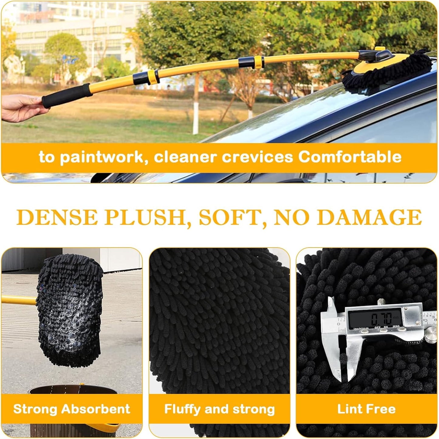 Behome Car Wash Brush, 40" Car Wash Brush with Long Handle, Retractable Bent Pole Car Wash Brush for Cars RV Truck Boat, Yellow