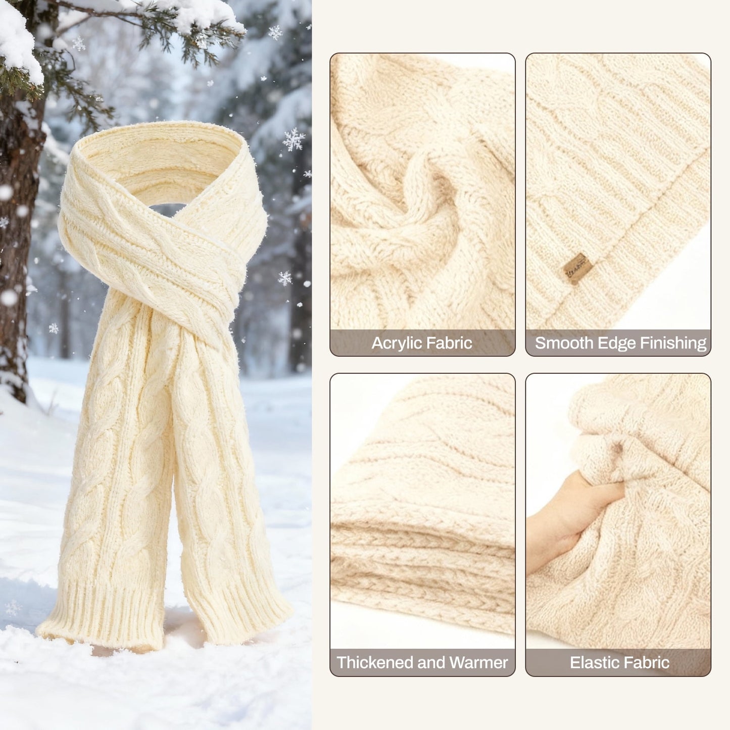 Behome Winter Gloves and Scarf Set, Knit Warm Long Neck Scarves Cap Gloves 3 in 1 Set for Woman, Apricot