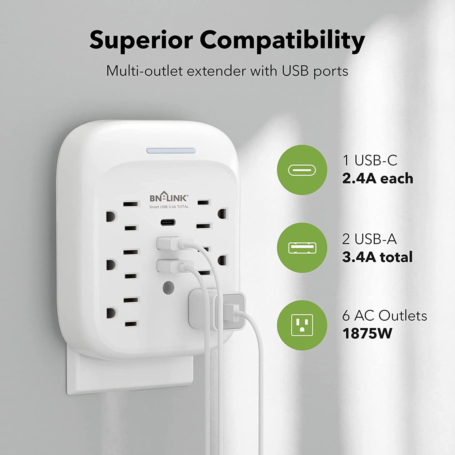 BN-LINK 1800J Outlet Extender,Multi Plug Outlet with 3 USB Wall Charger(2.4A per Port),6 Outlet Extender Surge Protector Multi Outlet Wall Plug for Home,School,Travel,Office