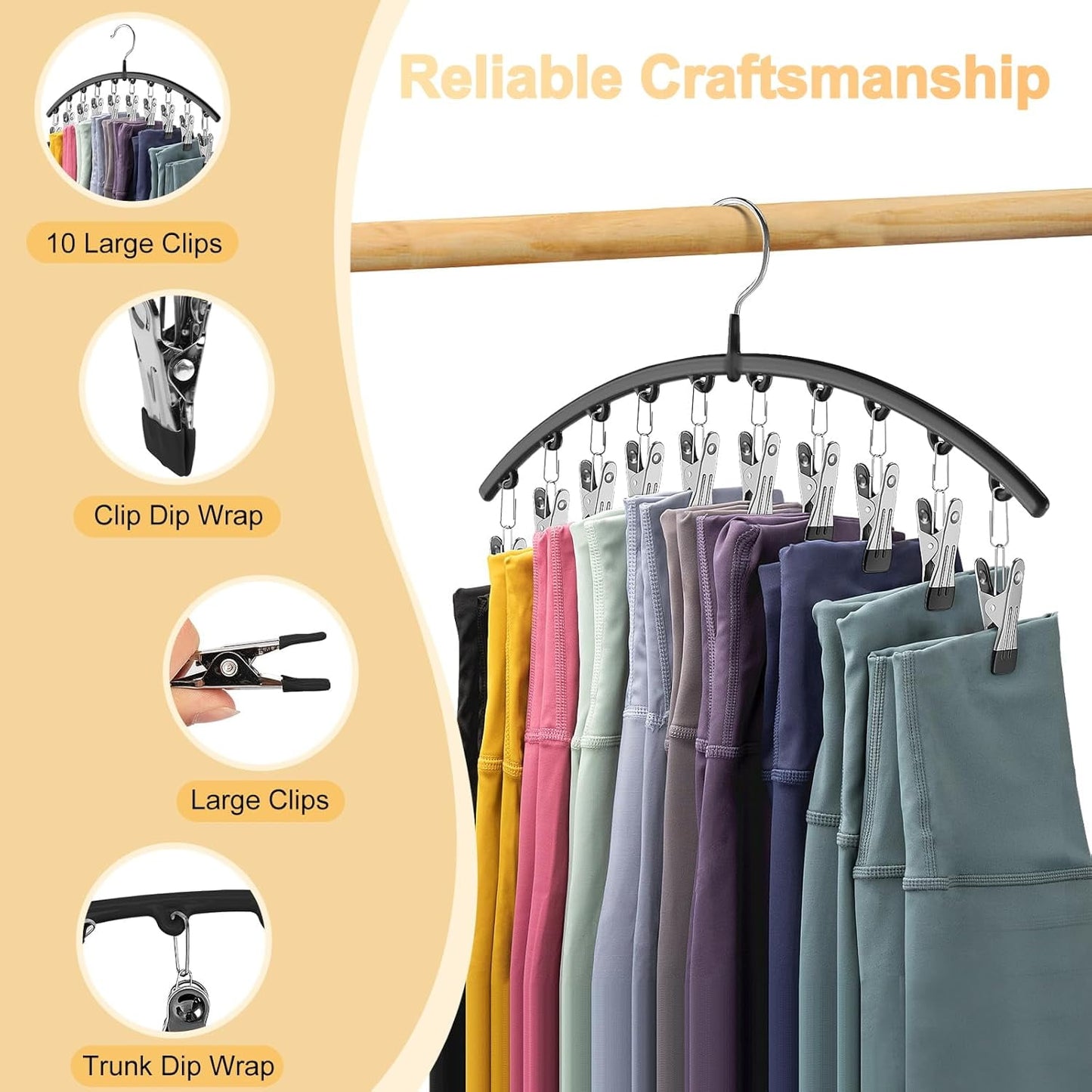 Behome 2 Pack Pants Hangers, Legging Organizer for Closet with 10 Clips, Space Saving Hanging Closet Organizer for Shorts, Jeans, Skirts, Pants