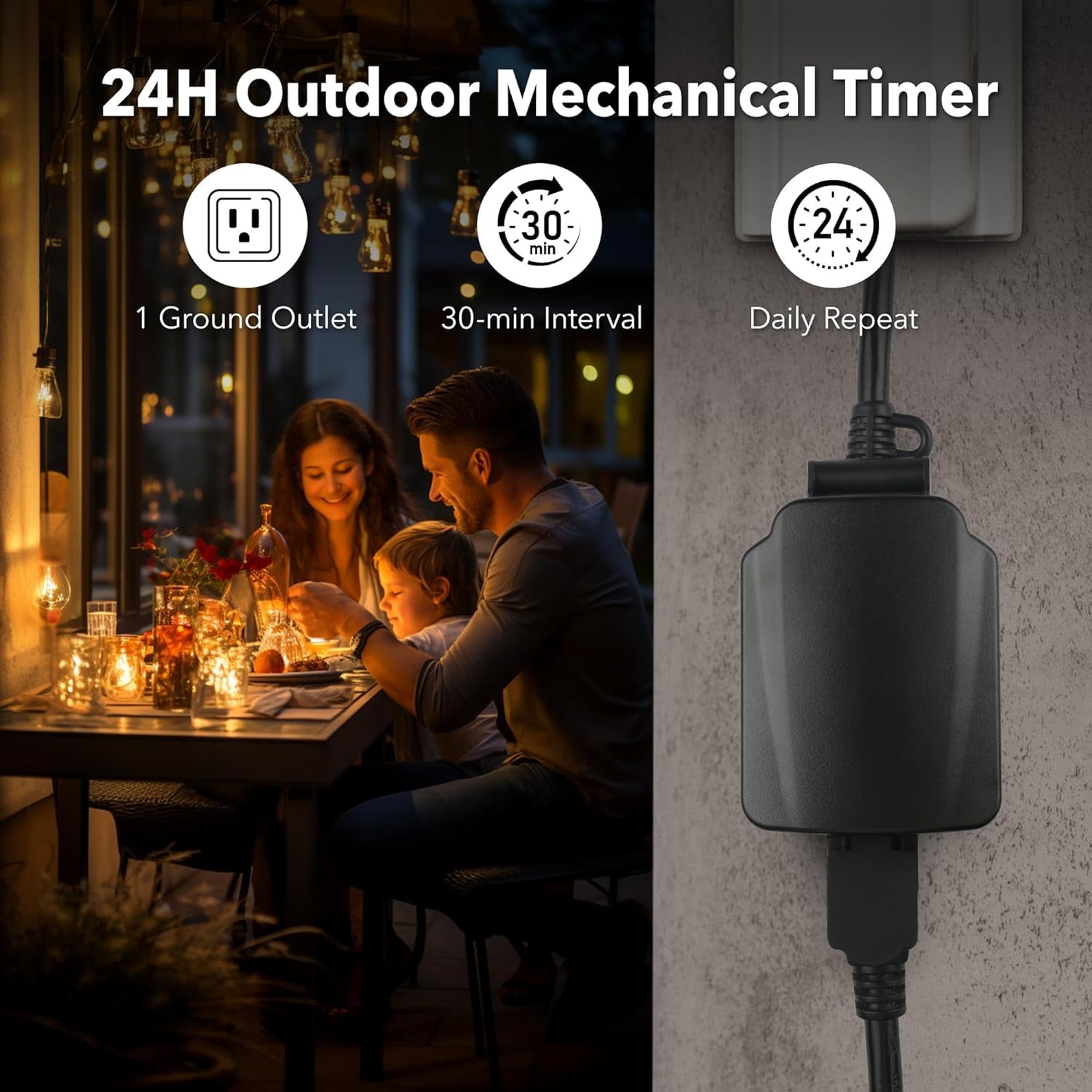 BN-LINK 24-Hour Mechanical Outdoor Light Timer, Waterproof Outdoor Plug Timer, Featuring 1 Grounded Timer Outlet for String Lights and Halloween Decor, 15A 1/2HP, Heavy Duty(2 pack)