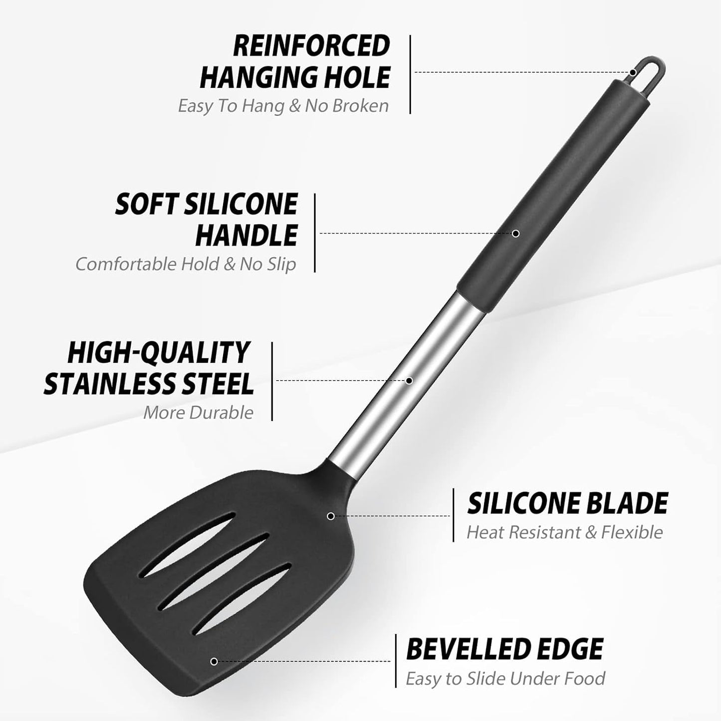 Behome 2 Pack Spatulas, Non Stick Turners with Silicone Handle, High Heat Resistant BPA Free Cooking Utensils, for Fish, Eggs, Pancakes(Black)