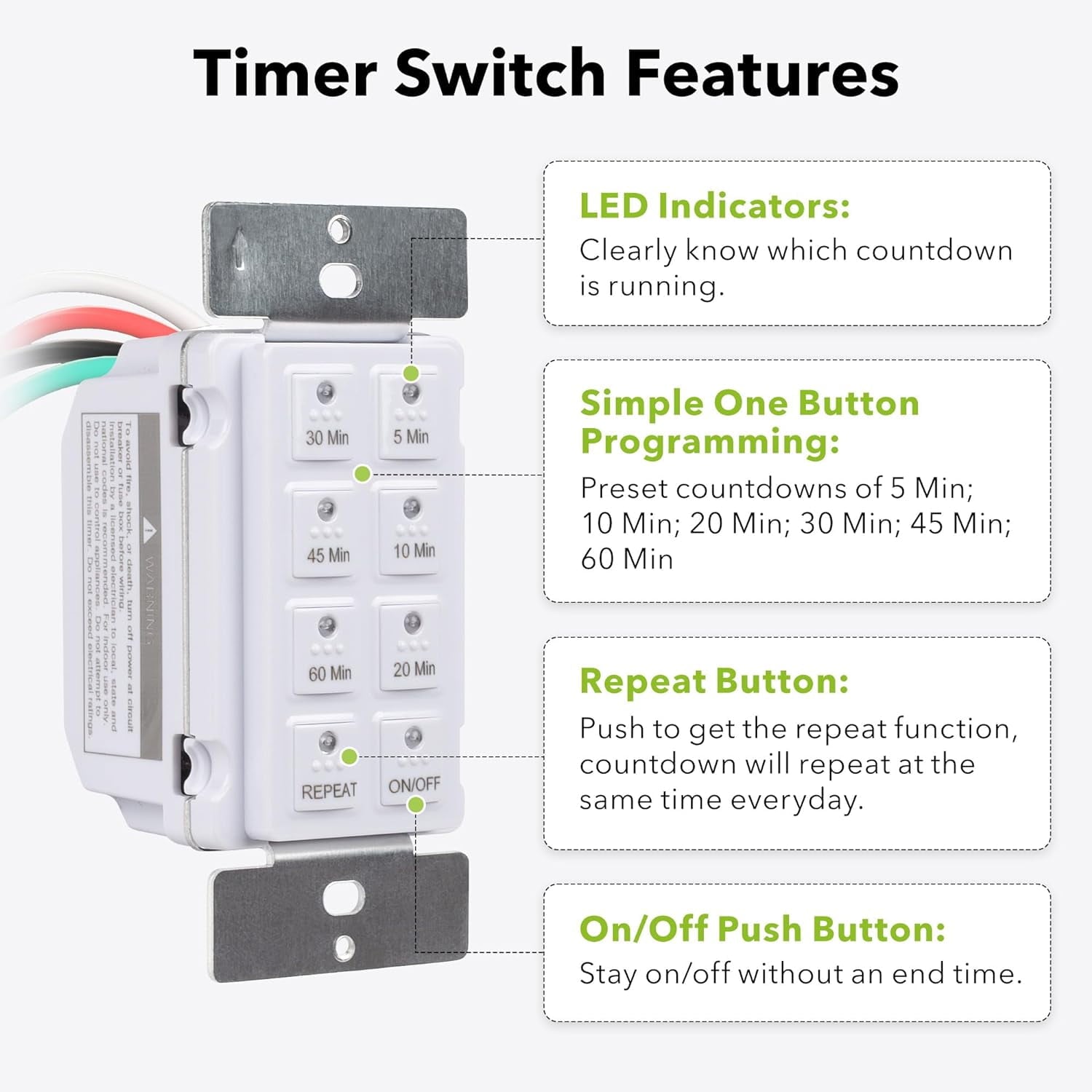 BN-LINK Countdown Digital in-Wall Timer Switch with Push Button 5-10-20-30-45-60mins, for Bathroom Fan ,in-Wall Light Timer, Neutral Required, Free Plate, White