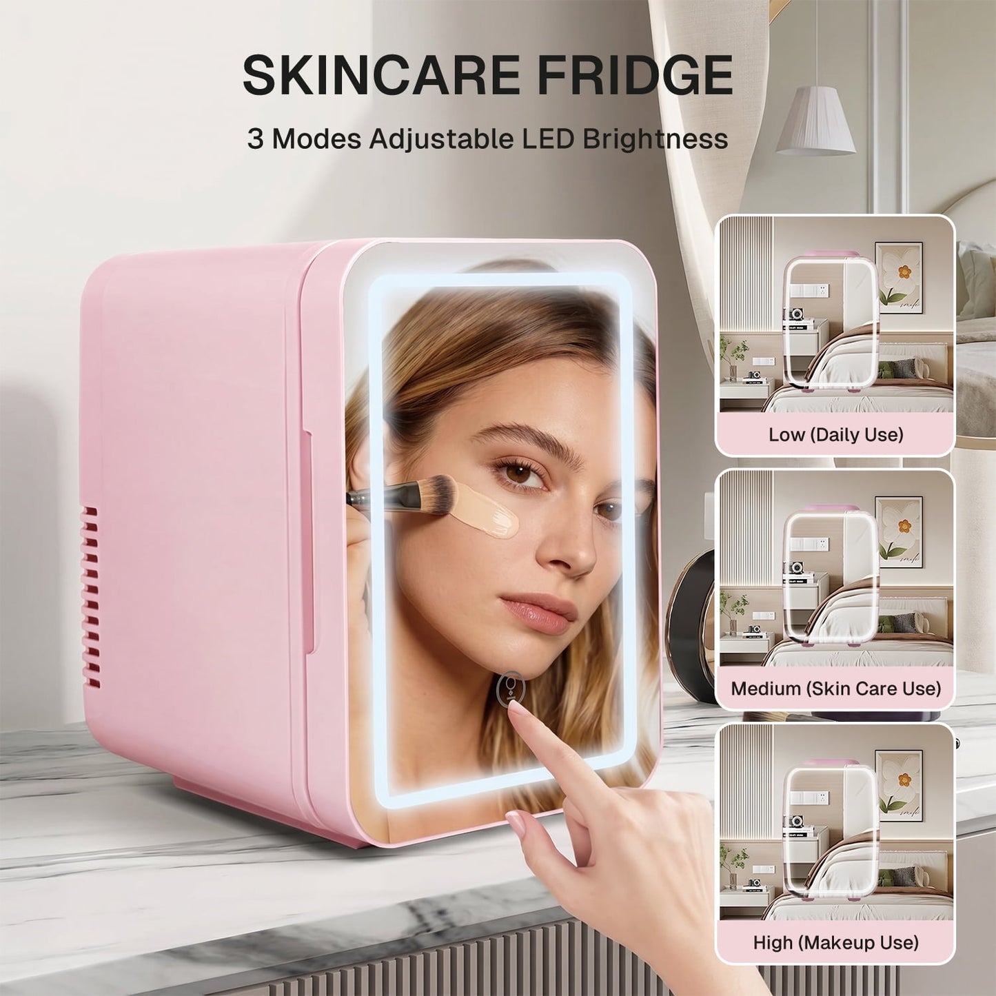 Behome 4L Mini Fridge with Mirror & 3 Brightness Levels, Quiet Small Fridge Cooler & Warmer, Mini Refrigerator for Bedroom, Office, Car, for Food, Drinks, Skincare & Makeup