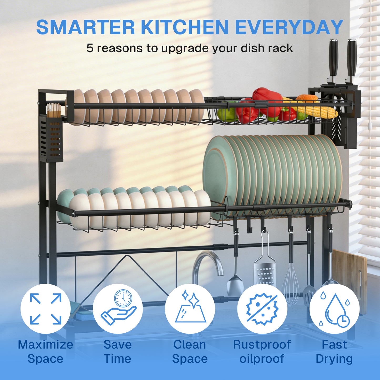 Behome Over The Sink Dish Drying Rack, 2 Tier Adjustable Stainless Steel Large Kitchen Dish Rack with Suction Cup, Snap-On Design, 24.4-39.37L x 11W x 28.74H inches(Expandable Length), Black