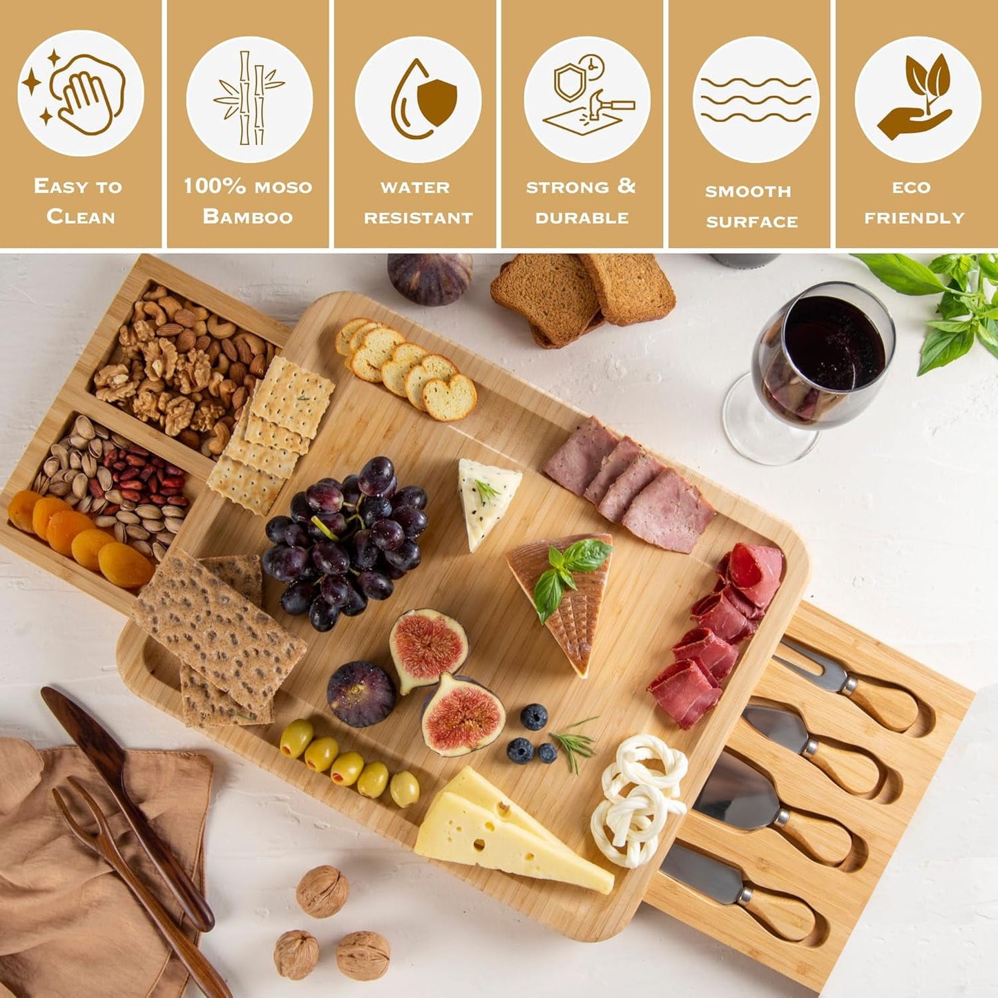 BN-LINK Charcuterie Board Set, 2 Drawers Large Bamboo Cheese Board & Platter with Accessories, House Warming Gift & Holiday Gift